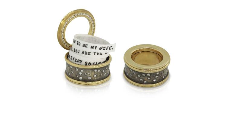 Heather B Moore engagement ring with hidden scroll