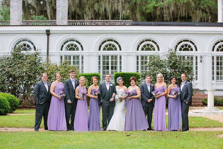 Lilac Bridesmaids  Dresses  and Gray Groomsmen Suits 