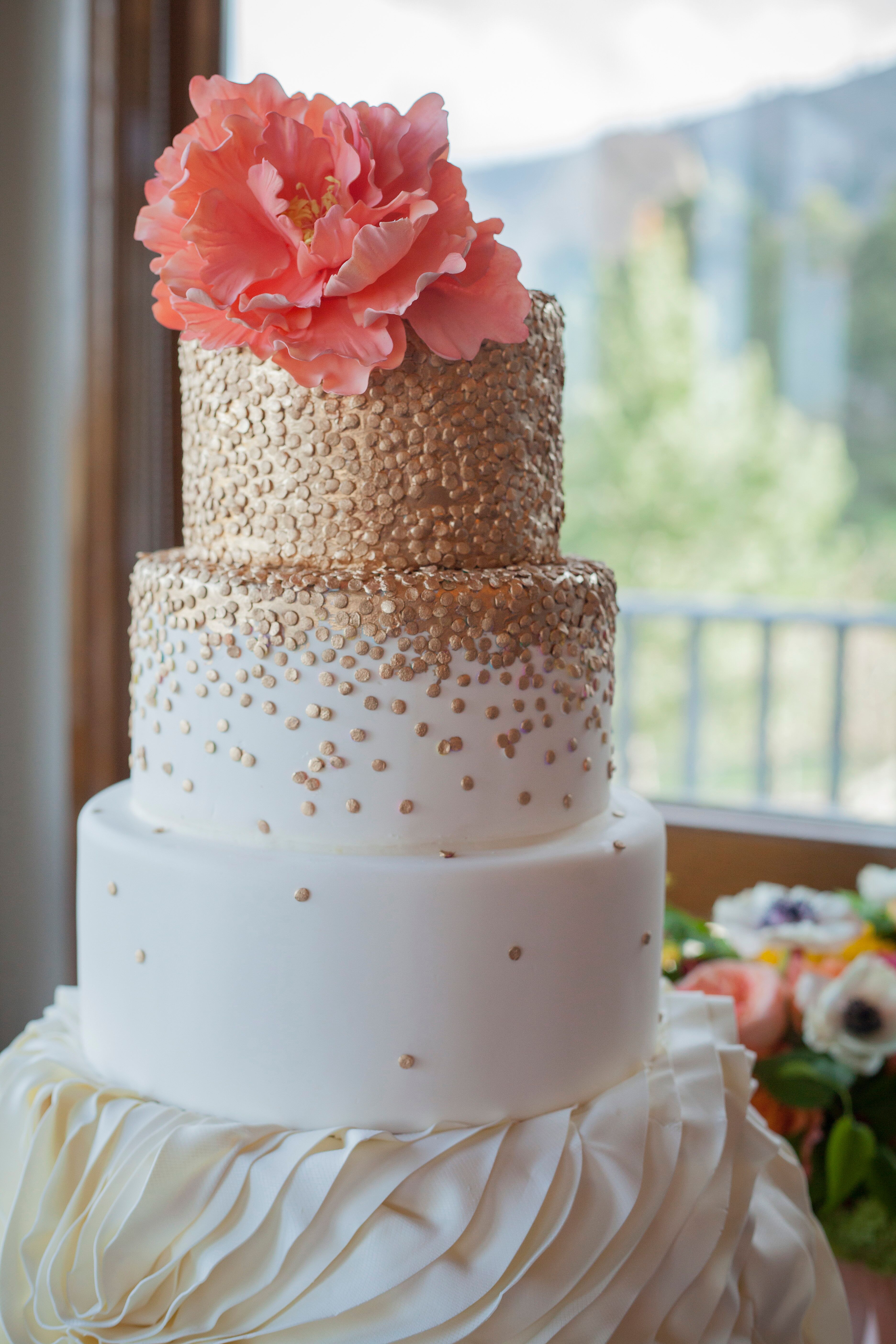 Gold Polka Dot Wedding  Cake  With Sugar Peony  Topper