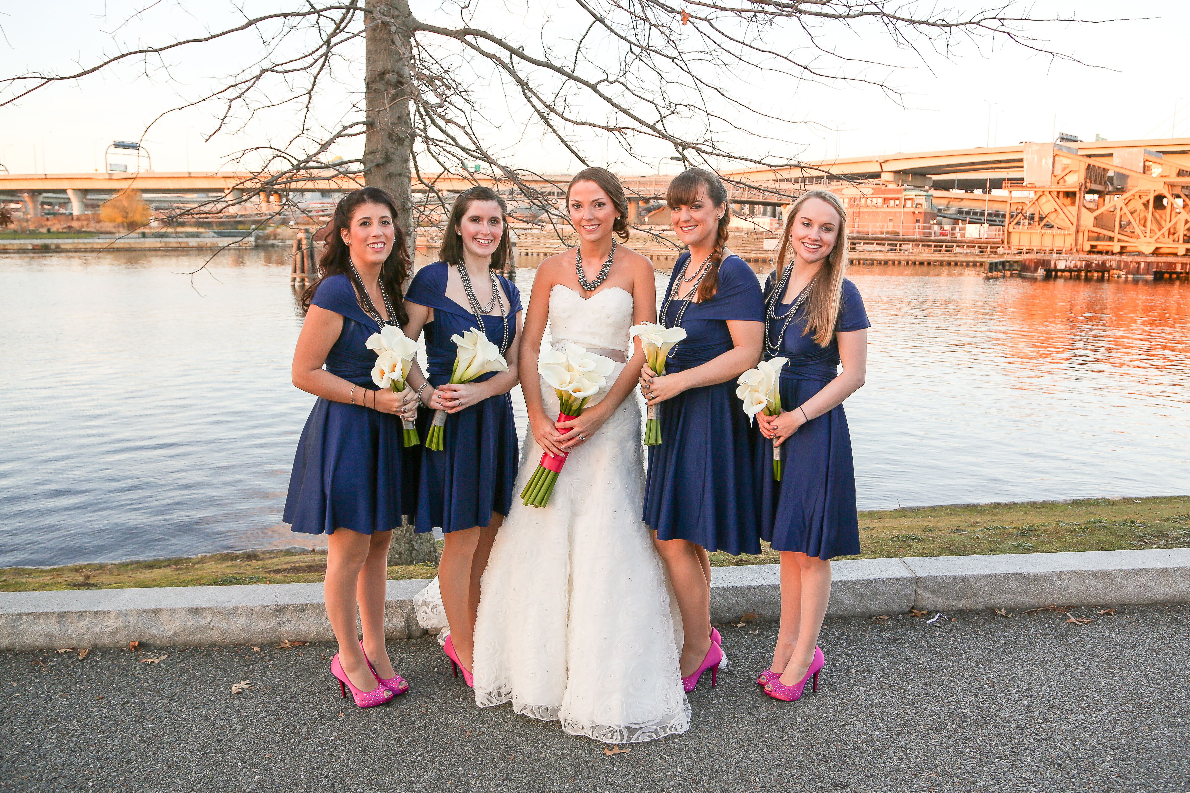 Navy blue dress with pink sales shoes