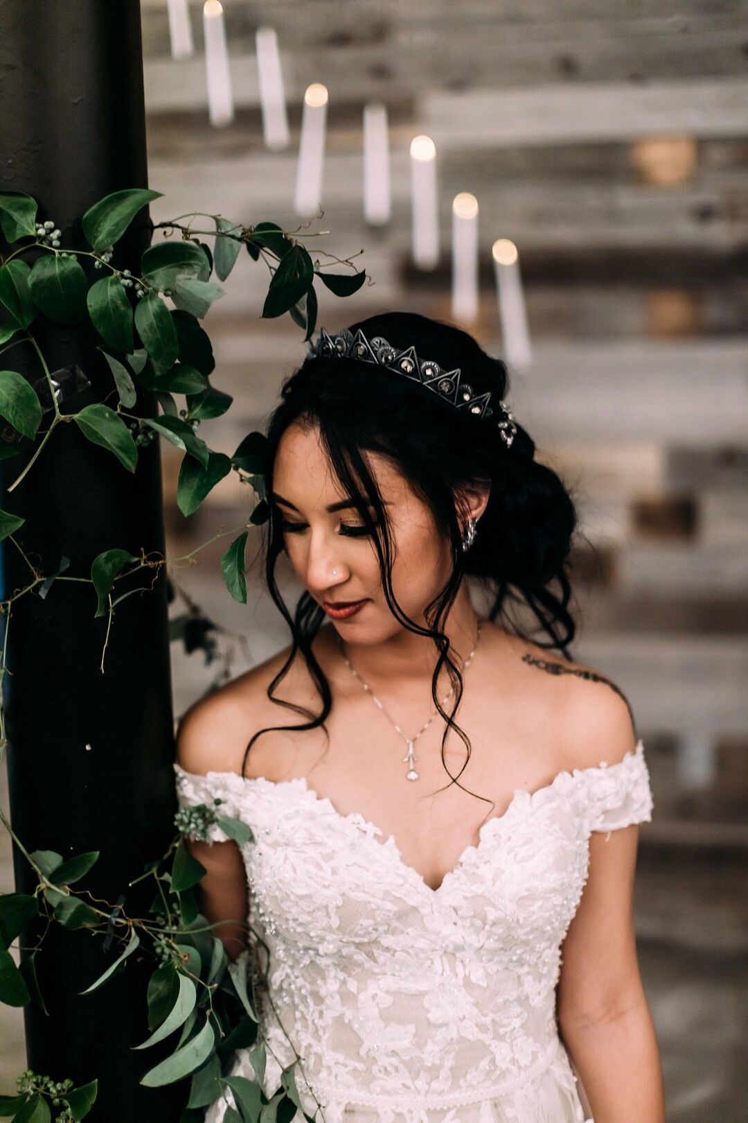 Modern Bride with Loose Updo Tiara Necklace and Off the Shoulder