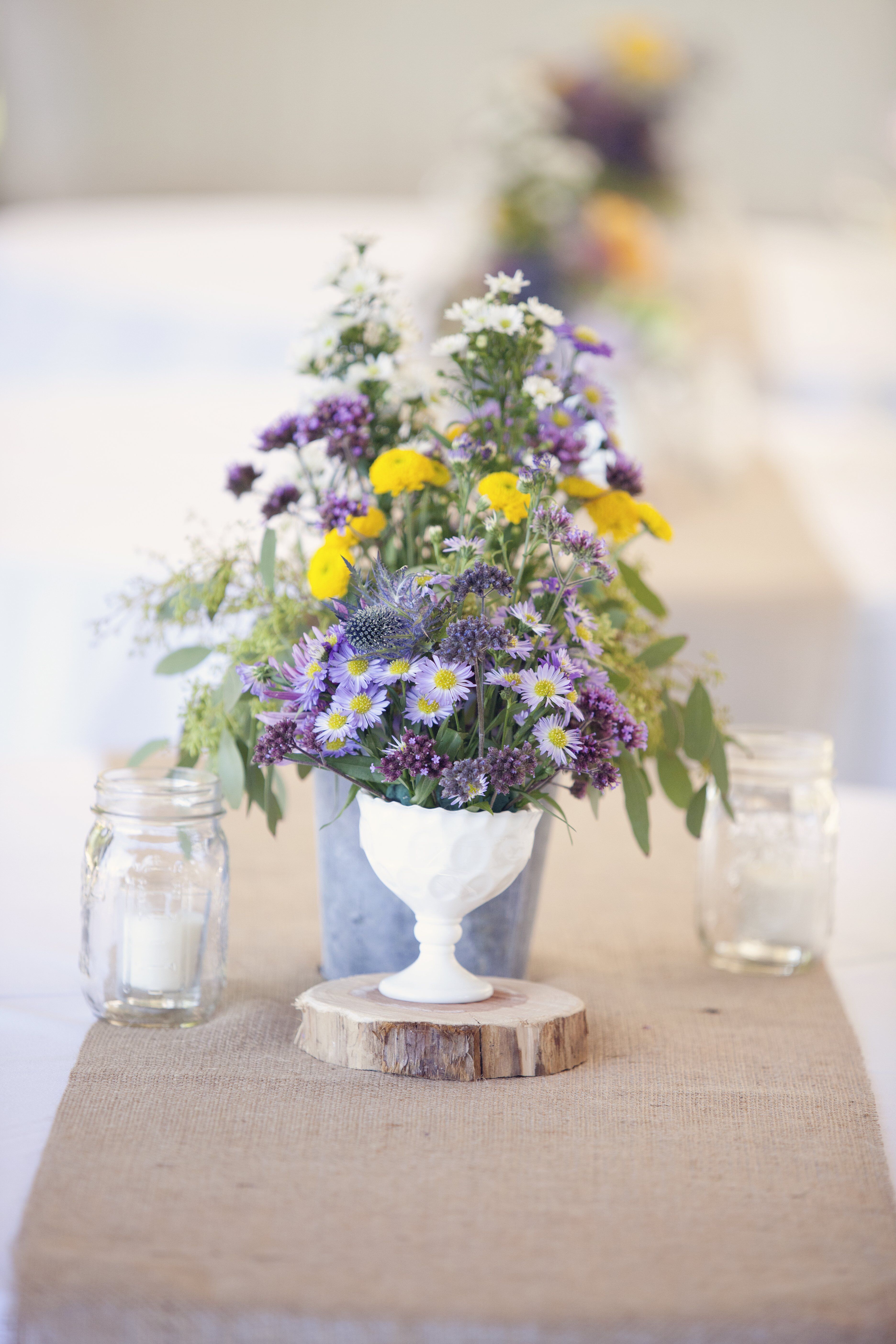 Yellow Button Mums and Blue Thistle Centerpiece