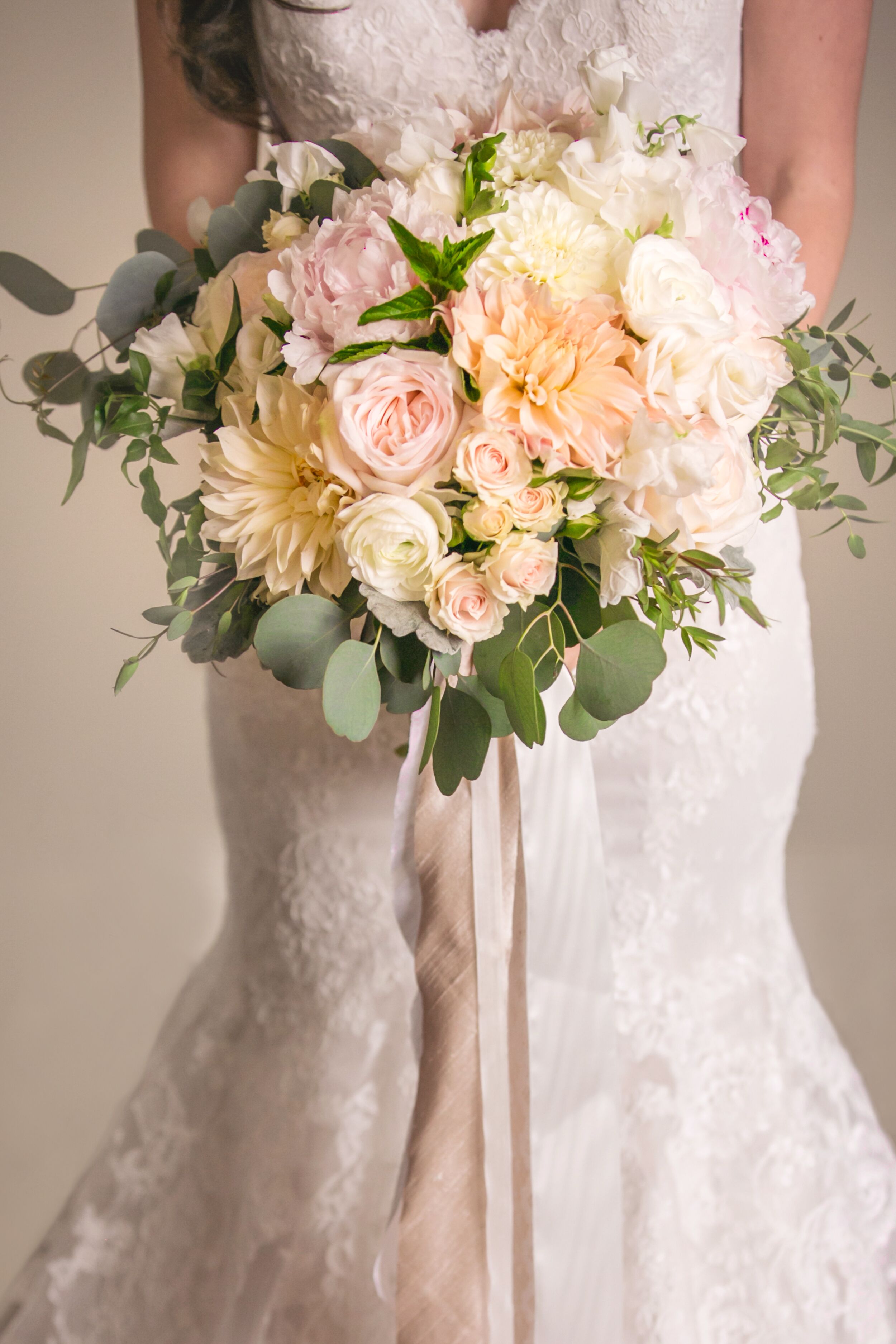 Blush-and-Ivory Bridal Bouquet with Cascading Ribbons