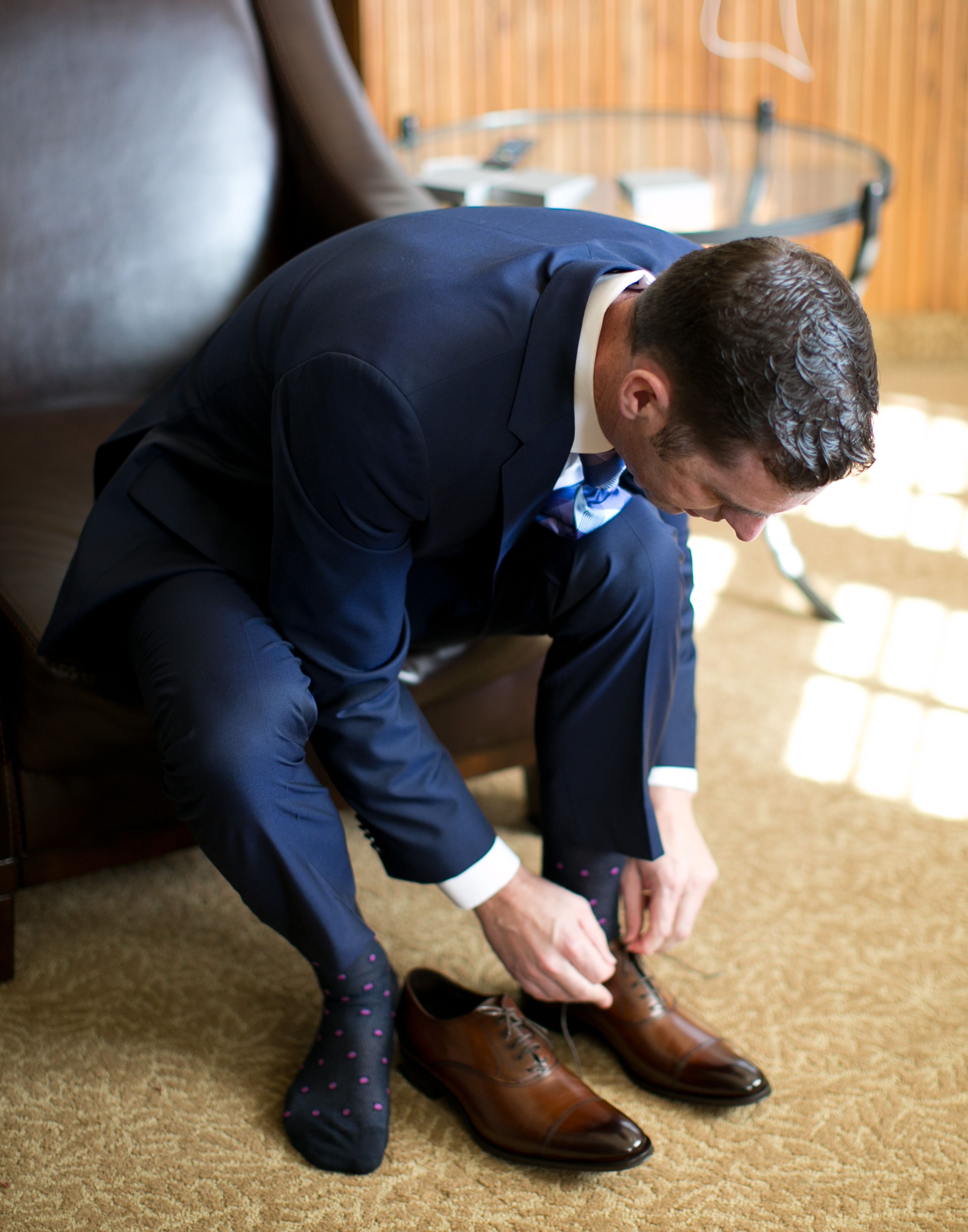 Groom Getting Ready in Navy Hugo Boss Suit and Brown Shoes