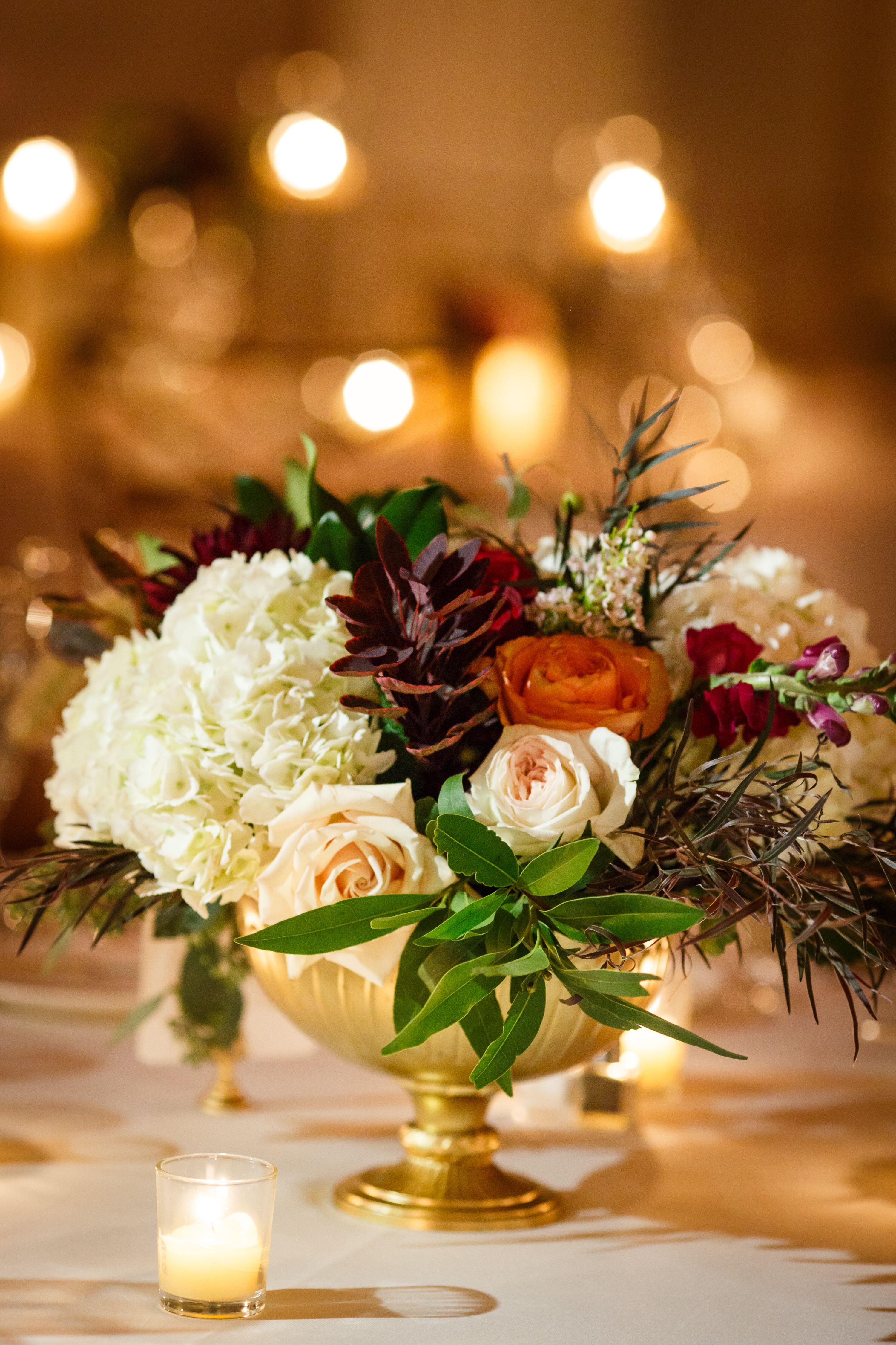 Hydrangea and Rose Centerpieces with Burgundy Greenery