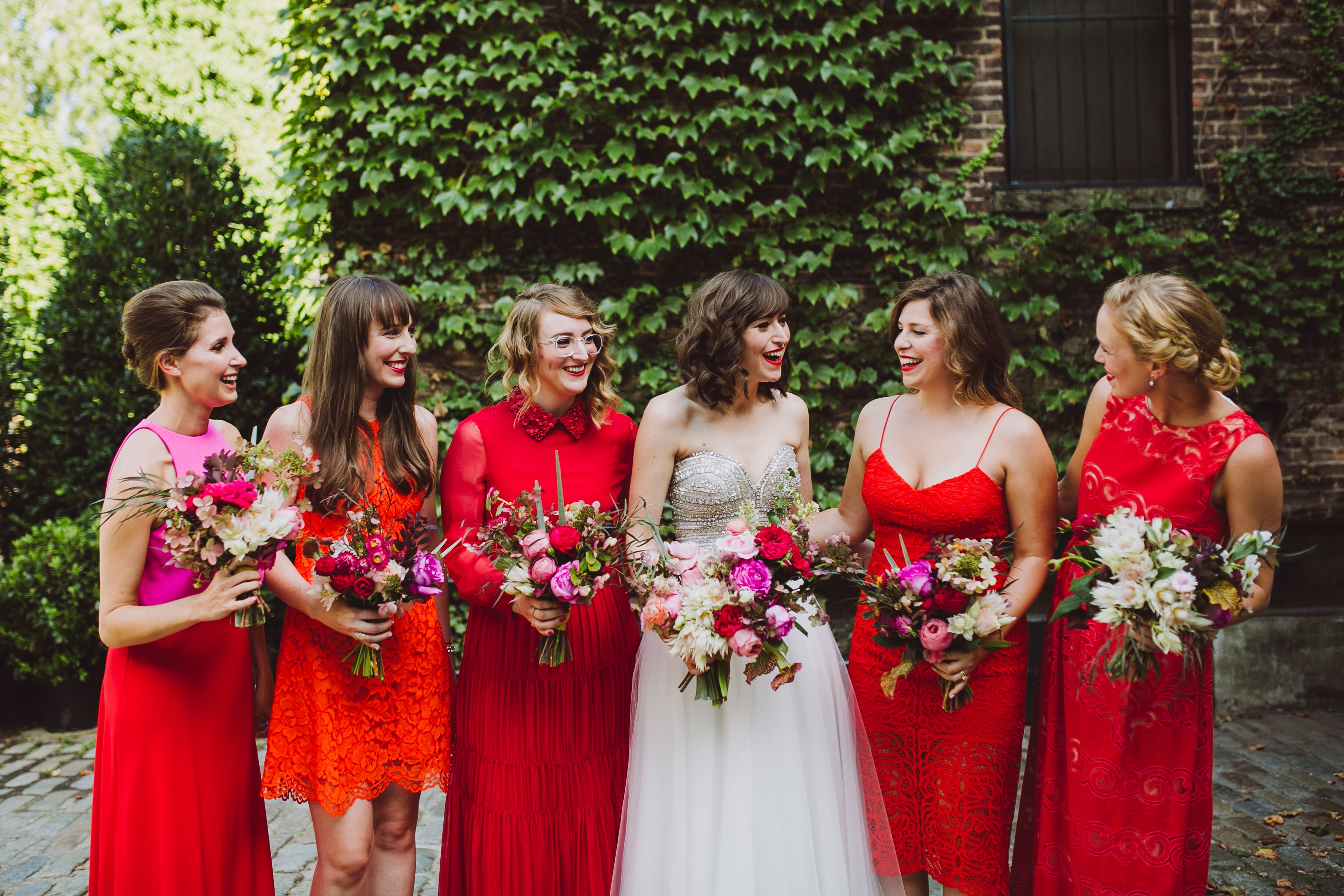 Mismatched red 2025 bridesmaid dresses