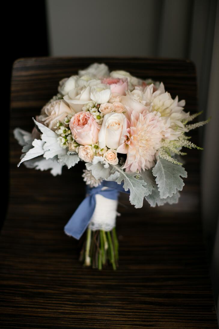 Father's shirt wrapped around bouquet as something blue 