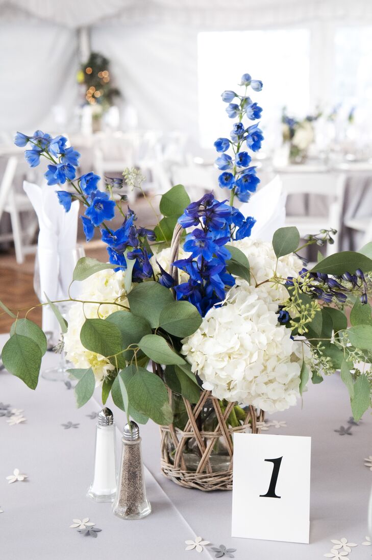 Ivory Hydrangea and Blue Delphinium Centerpieces