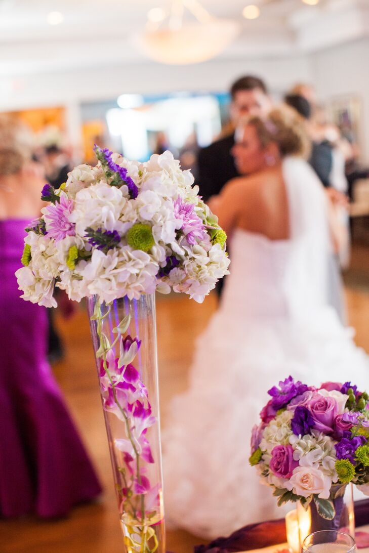 Tall Purple and Ivory Flower Arrangements with Orchid Vases