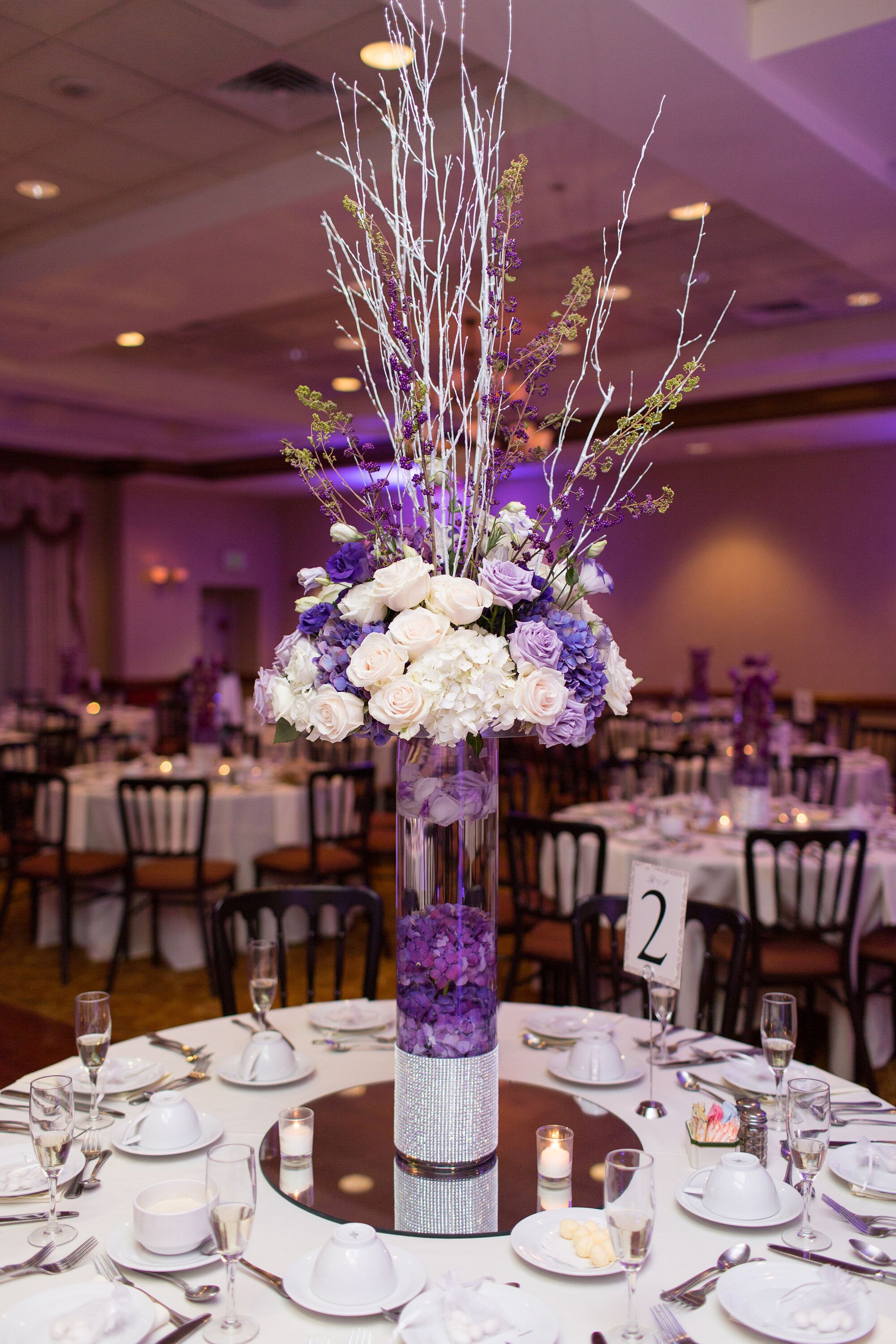 Tall Purple and Ivory Centerpieces With Sparkle