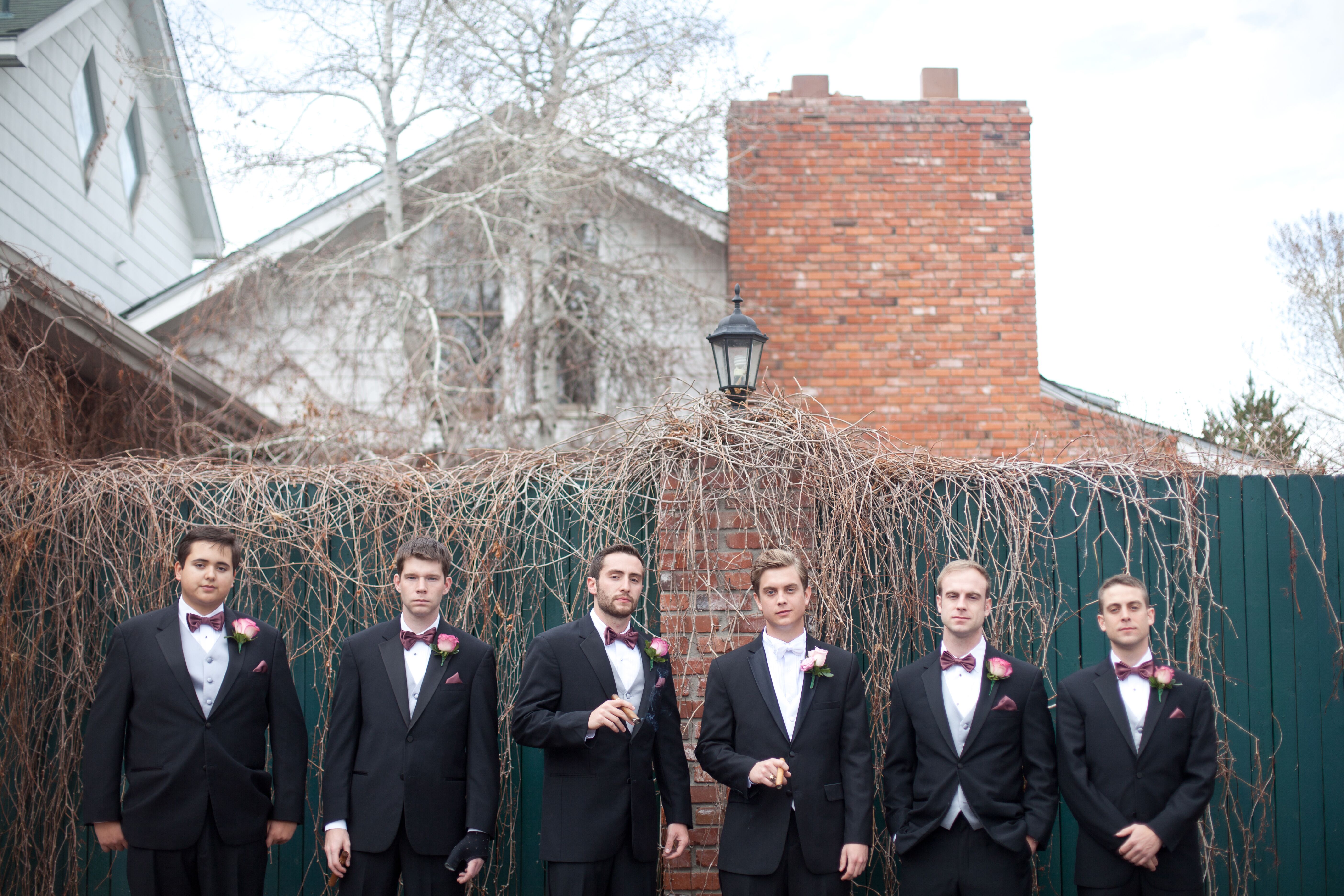 groomsmen black suit burgundy tie