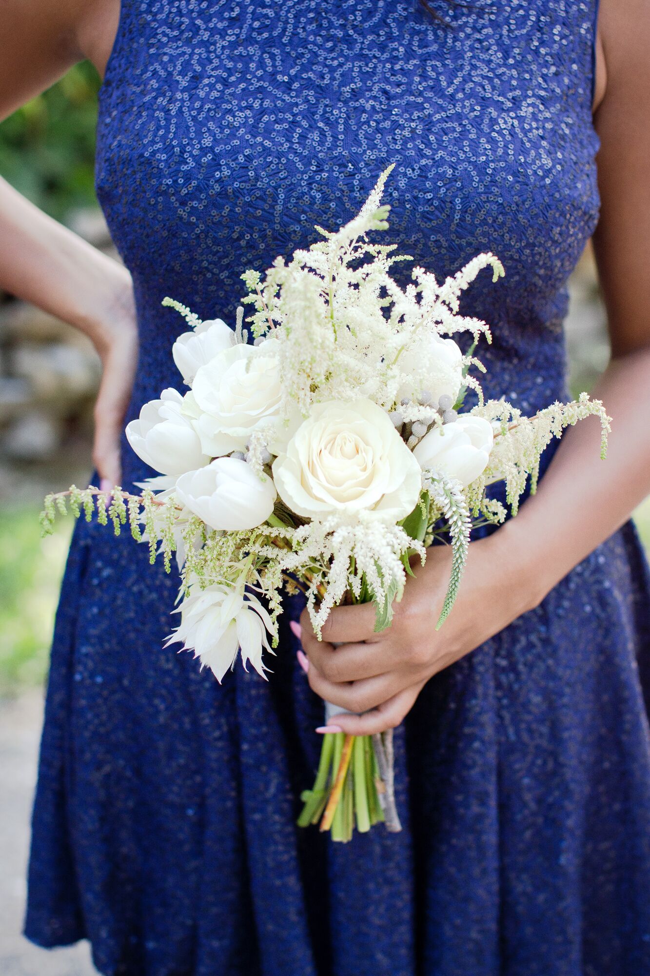 White dress with blue hot sale roses