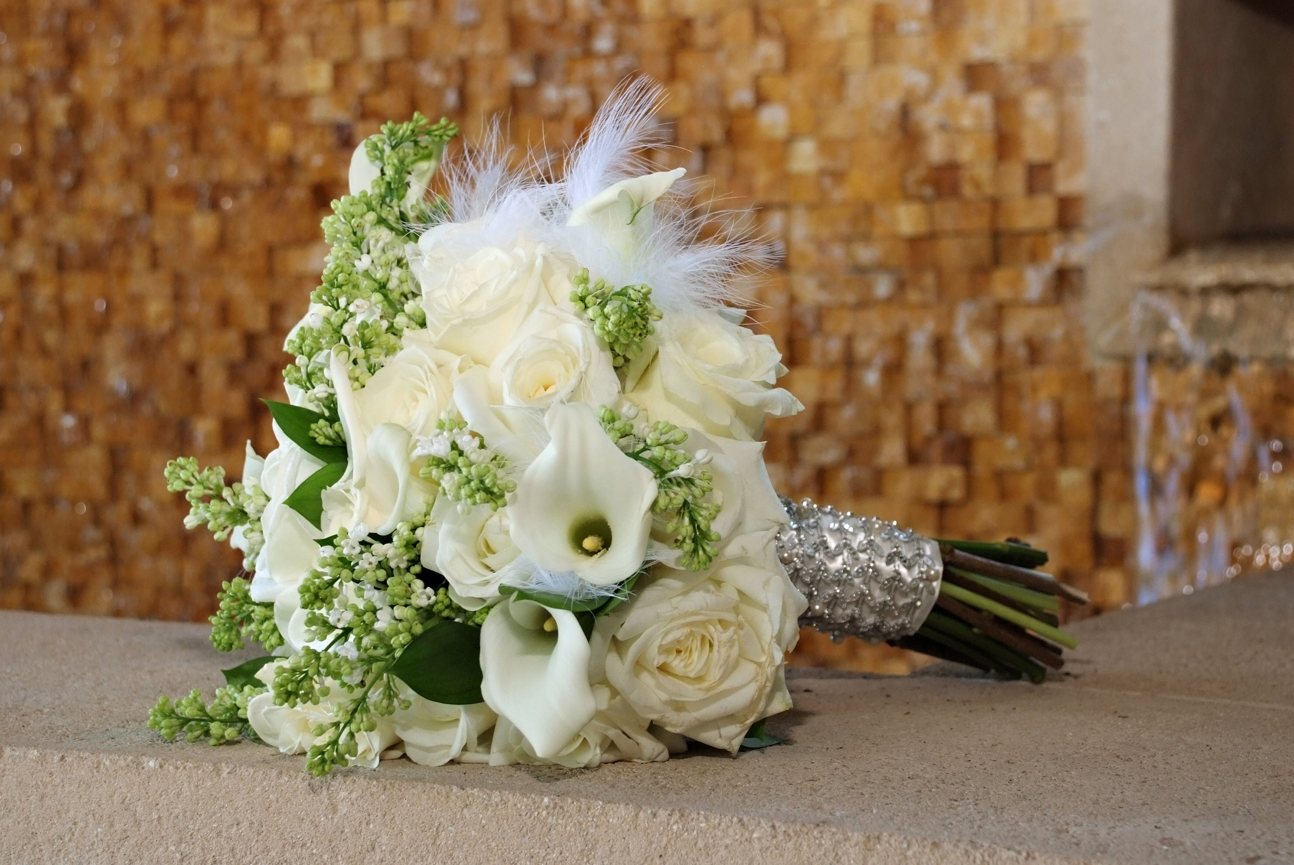 White Rose, Calla Lily and Feather Bouquet