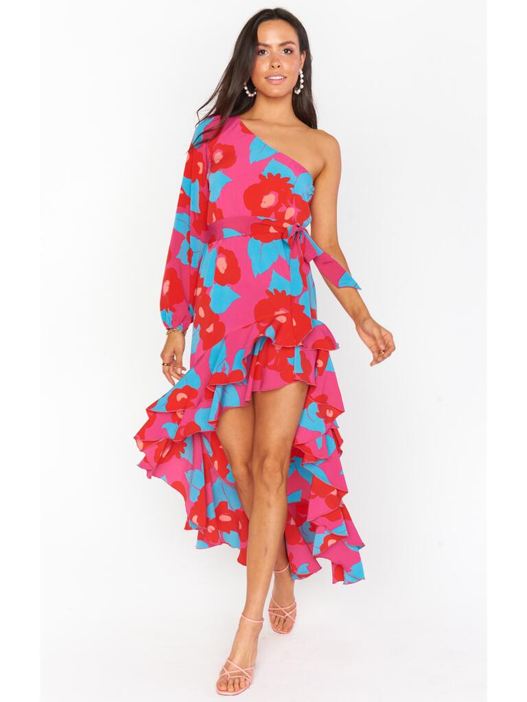 Robe maxi à une épaule rouge et bleue Fuschia à volants