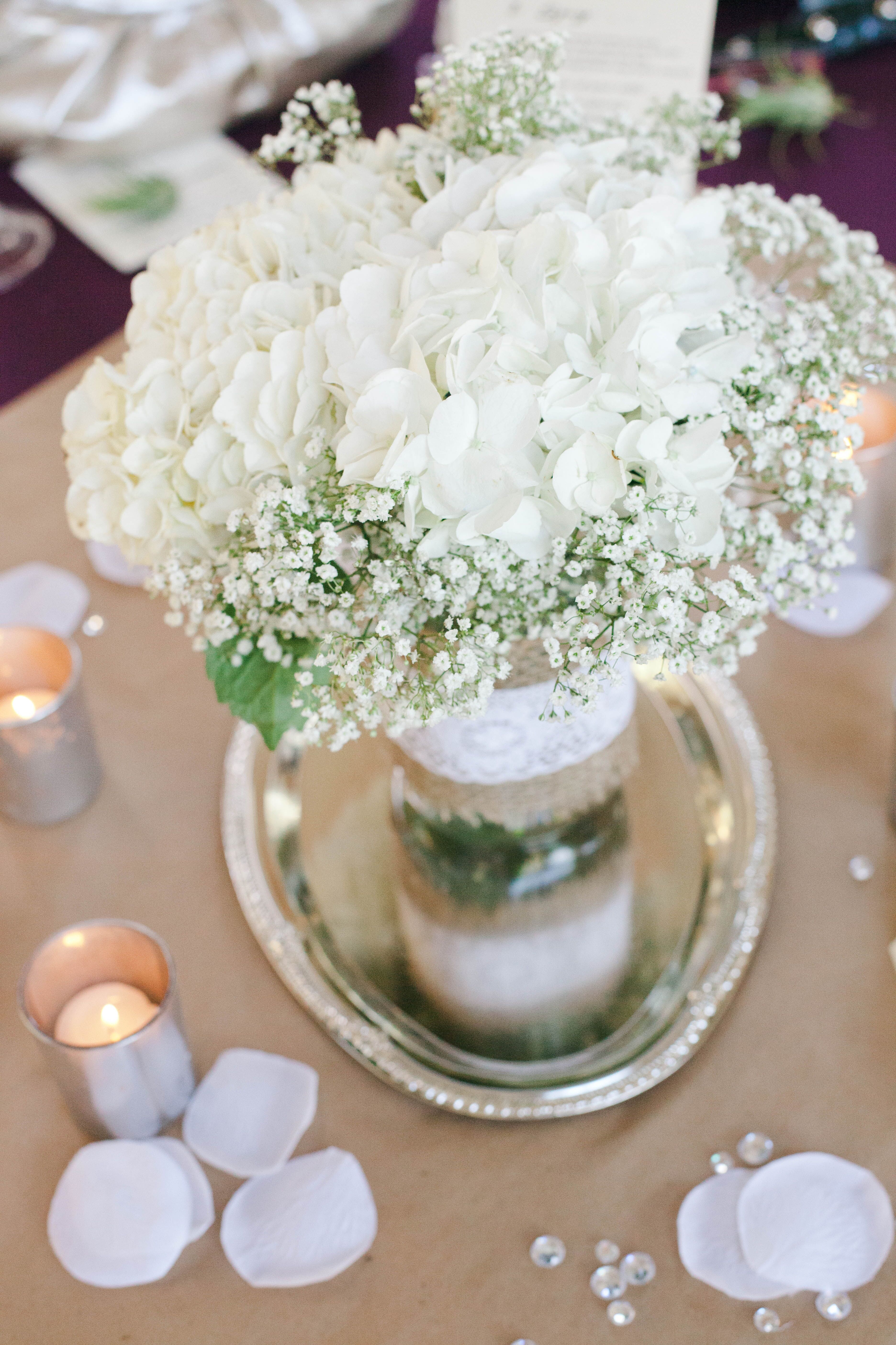 White Hydrangea and Baby's Breathe Centerpiece