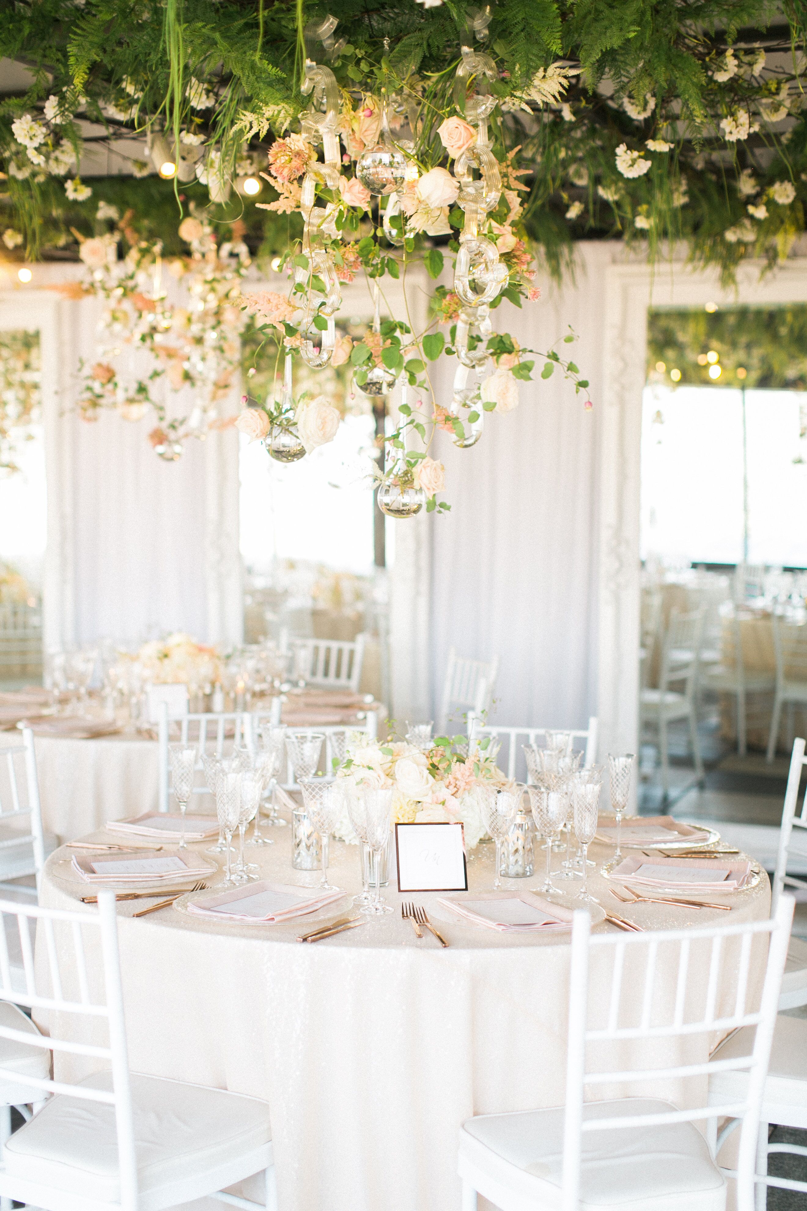 Reception With Hanging Flower Installation