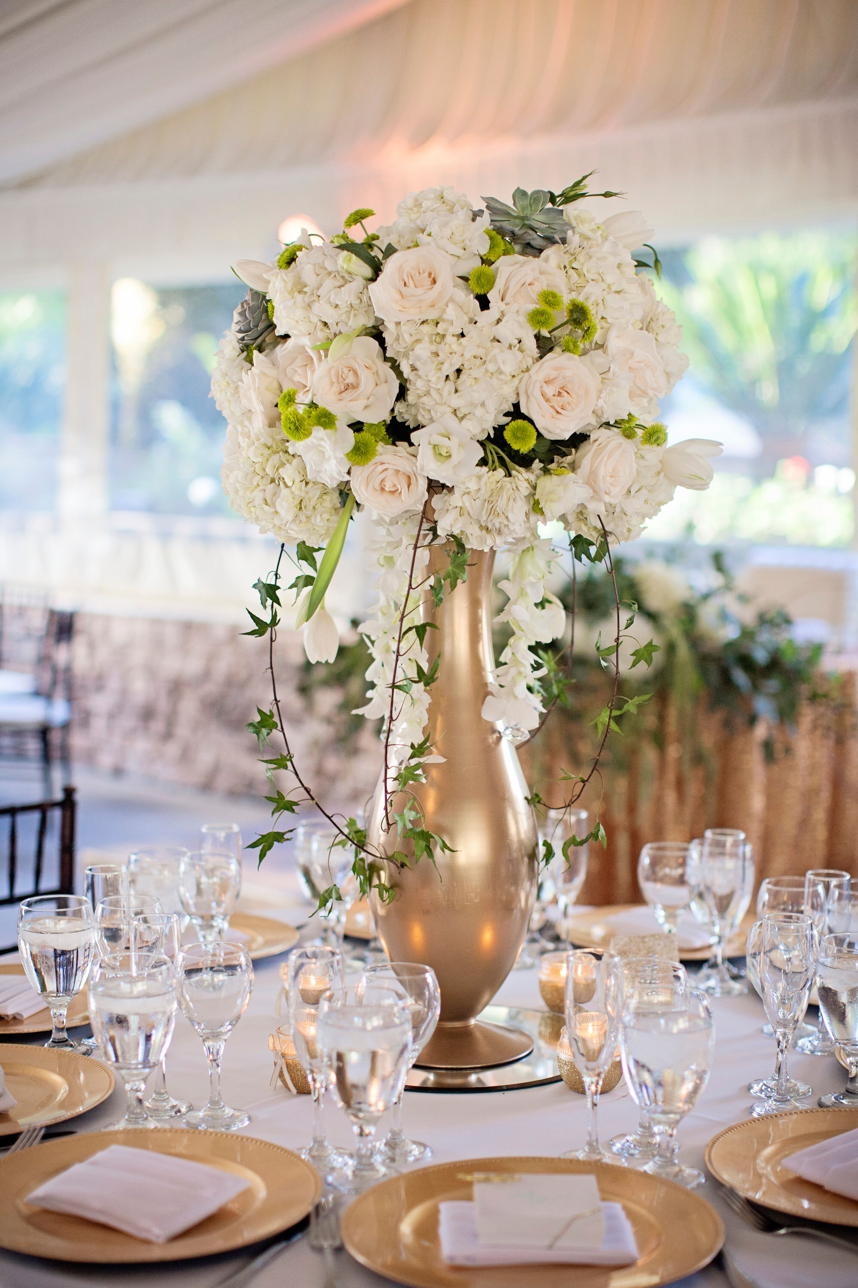 Romantic Floral Centerpieces in Gold Vases