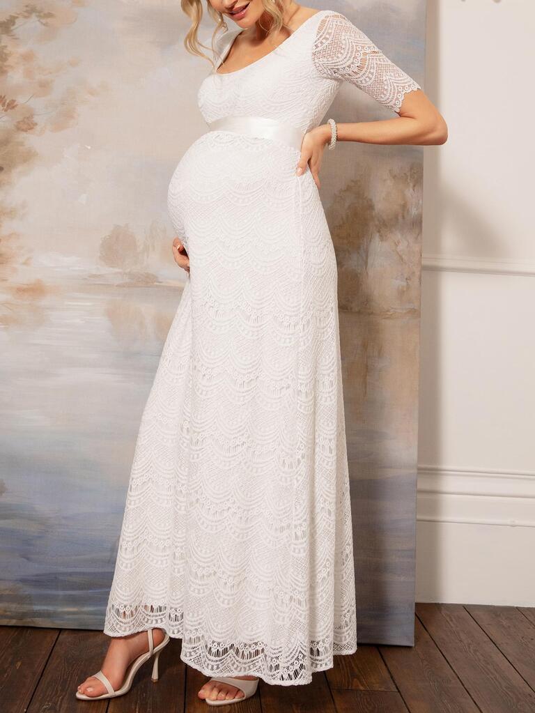 green emerald velvet dress Custom Lace Empire Puffy A-Line Pregnant Bridal Dress, Nude Beige main image 1