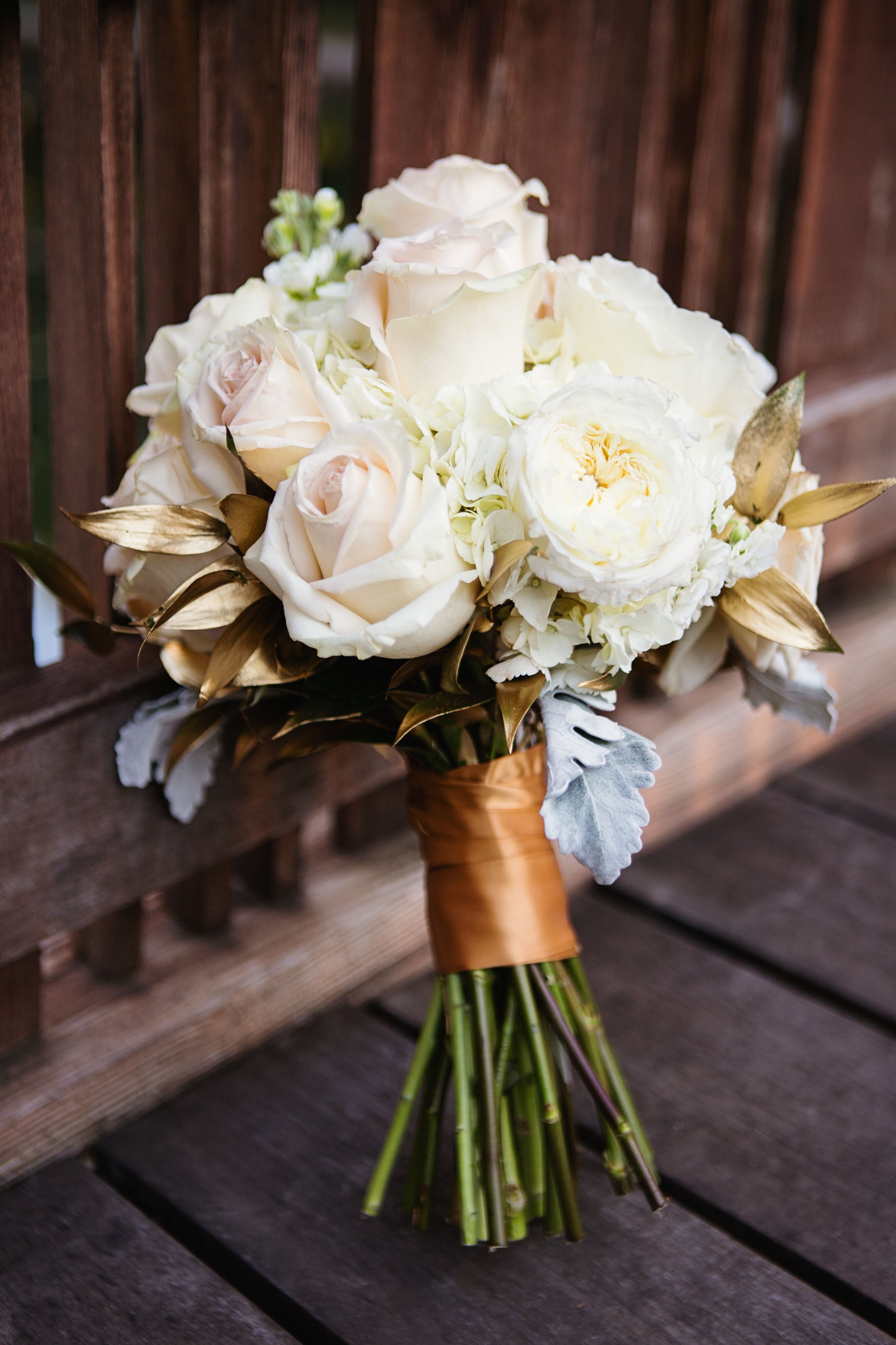 White Rose and Gold Leaf Bridal Bouquet