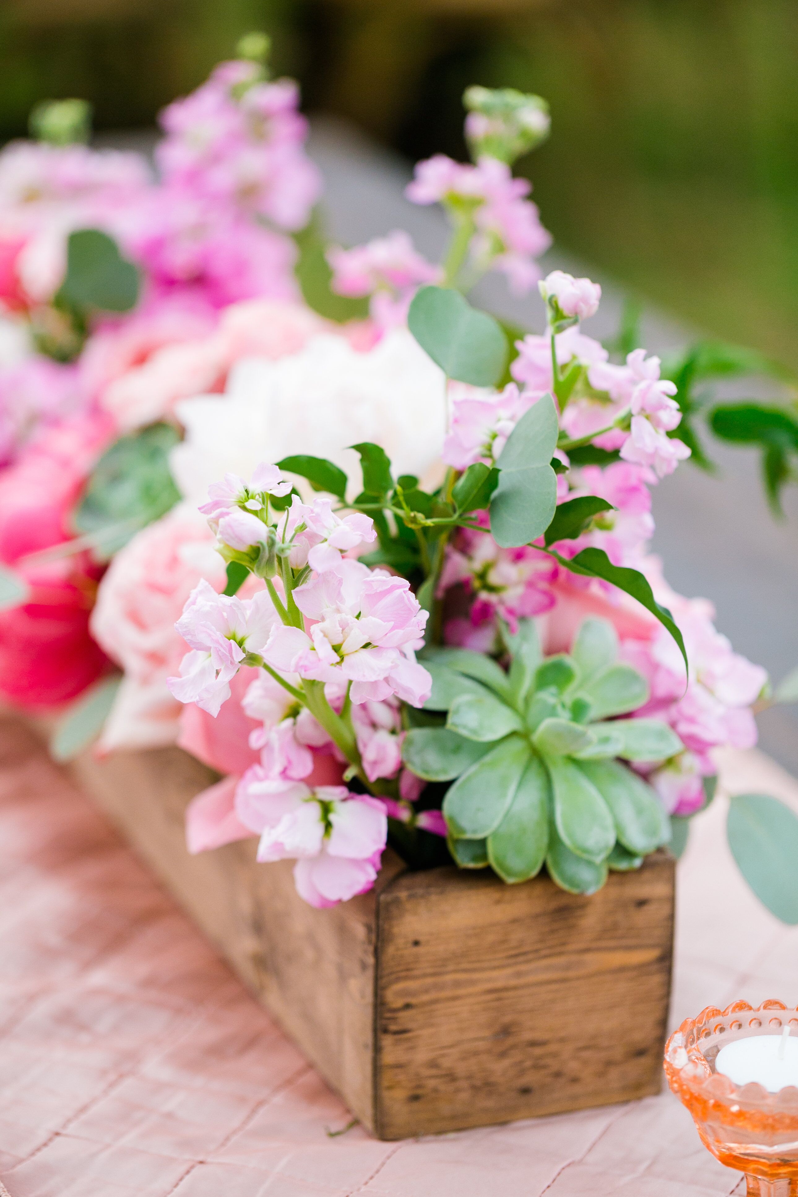 Peony and Succulent Wood Flower Box Centerpieces