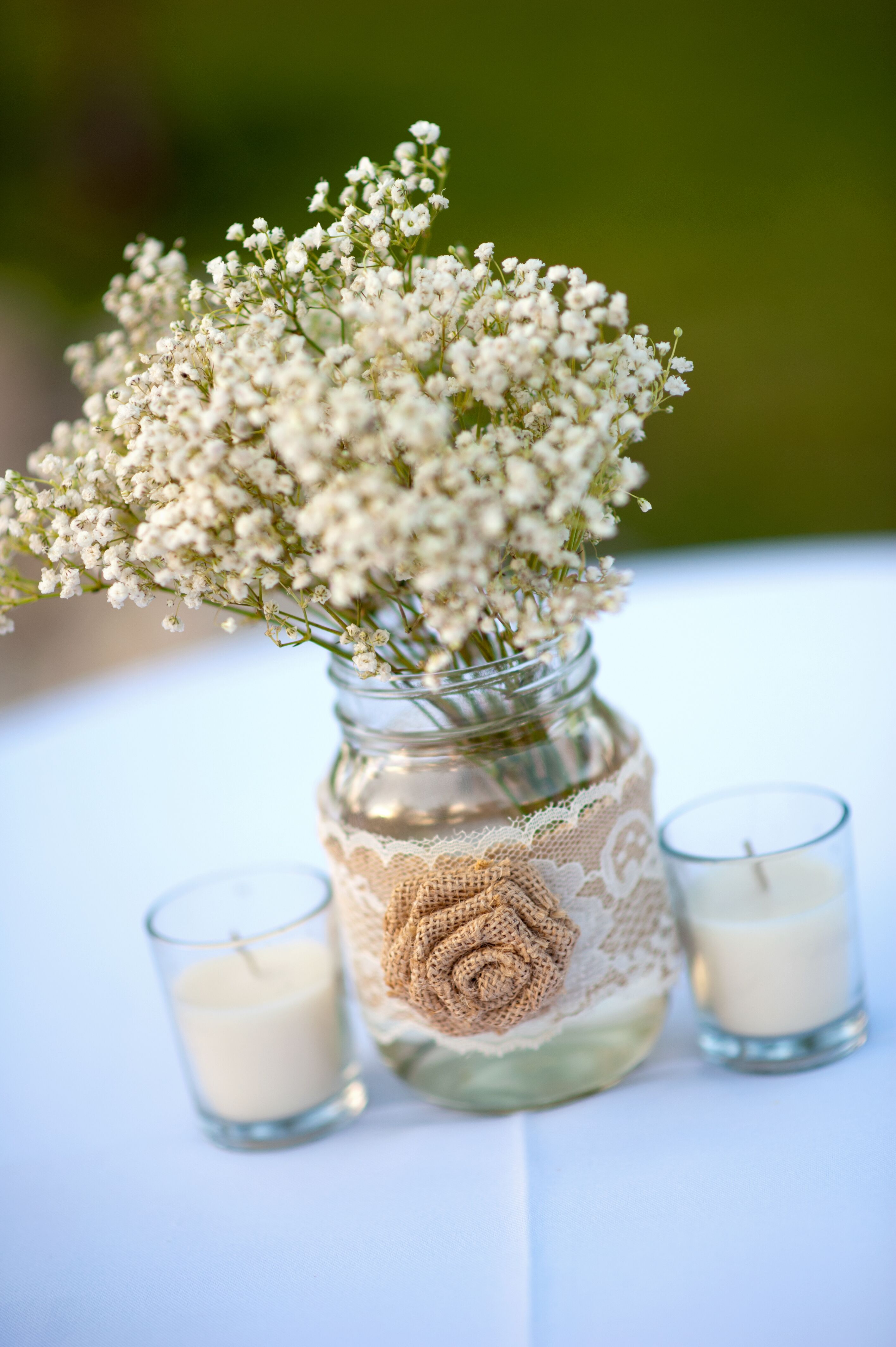 Burlap Accented Baby’s Breath Cocktail Table Centerpiece