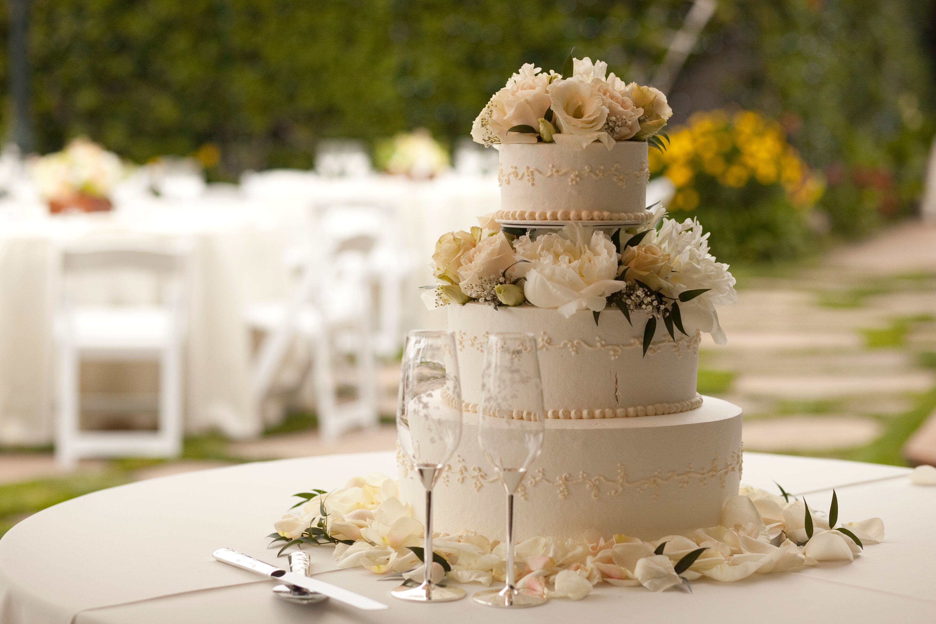 Three Tier Wedding Cake with Pink and White Roses