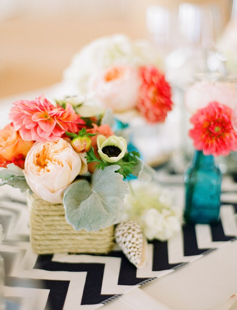 Chevron reception table runner with twine-wrapped centerpiece