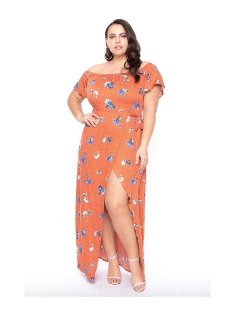 Oranje off-the-shoulder bloemenjurk