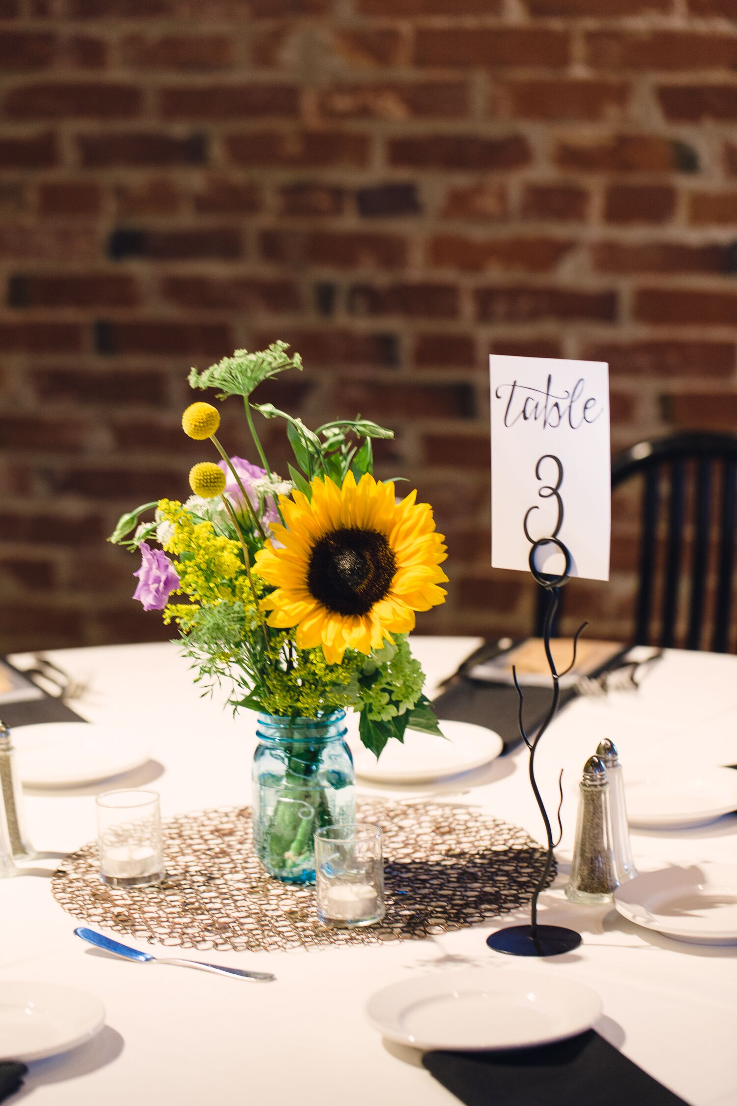 Sunflower, Billy Ball and Queen Anne’s Lace Centerpieces