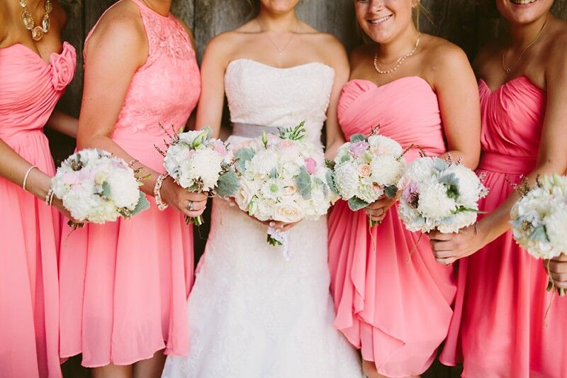 Coral-Pink Bridesmaid Dresses with White and Blush Hydrangea and Garden ...