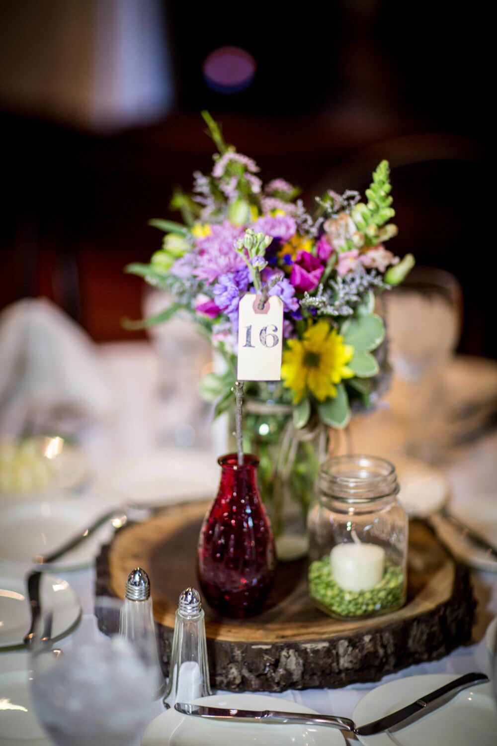 Wooden Slab and Wildflower Centerpiece