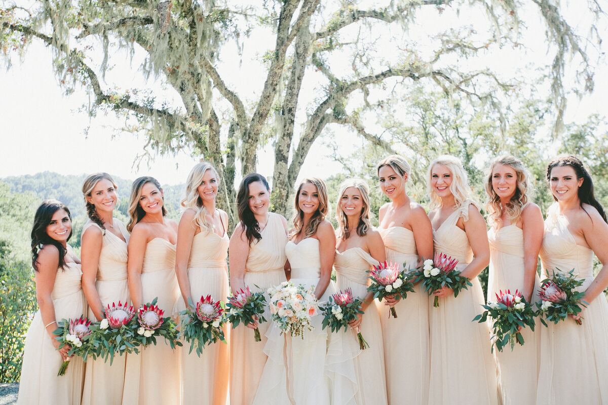 Long, Cream-Colored Amsale Bridesmaid Dresses