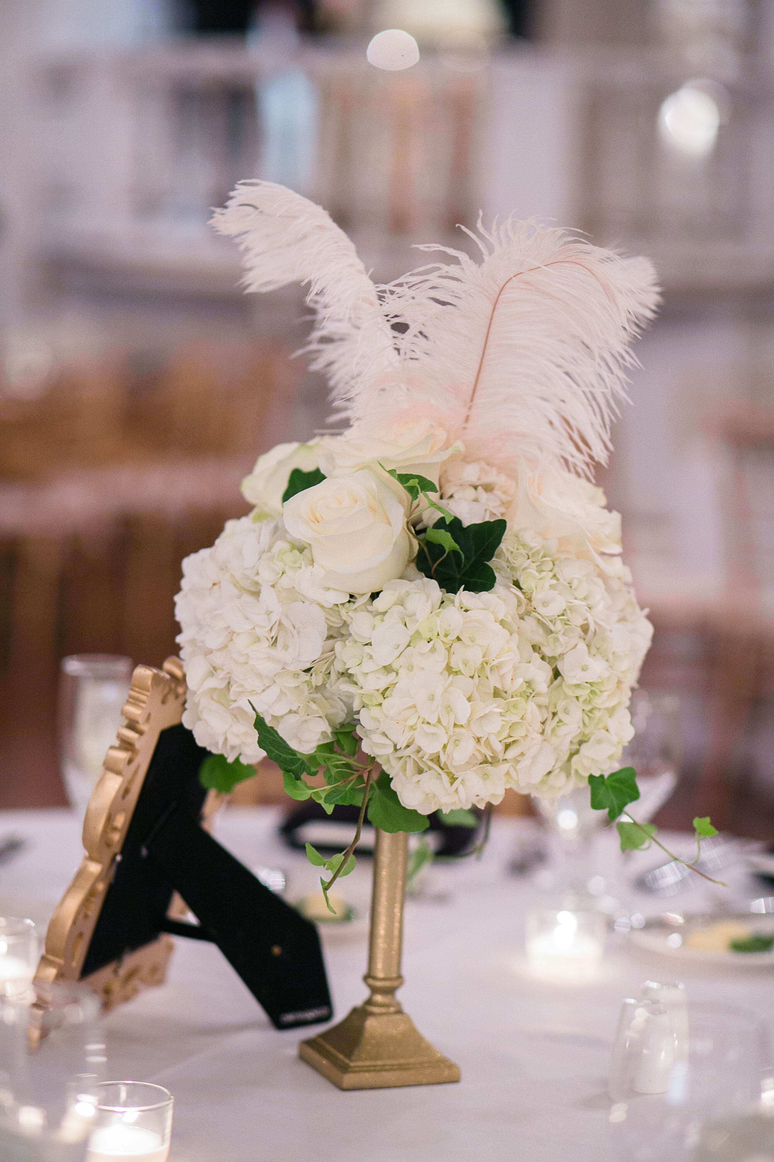 Tall White Rose and Feather Centerpieces