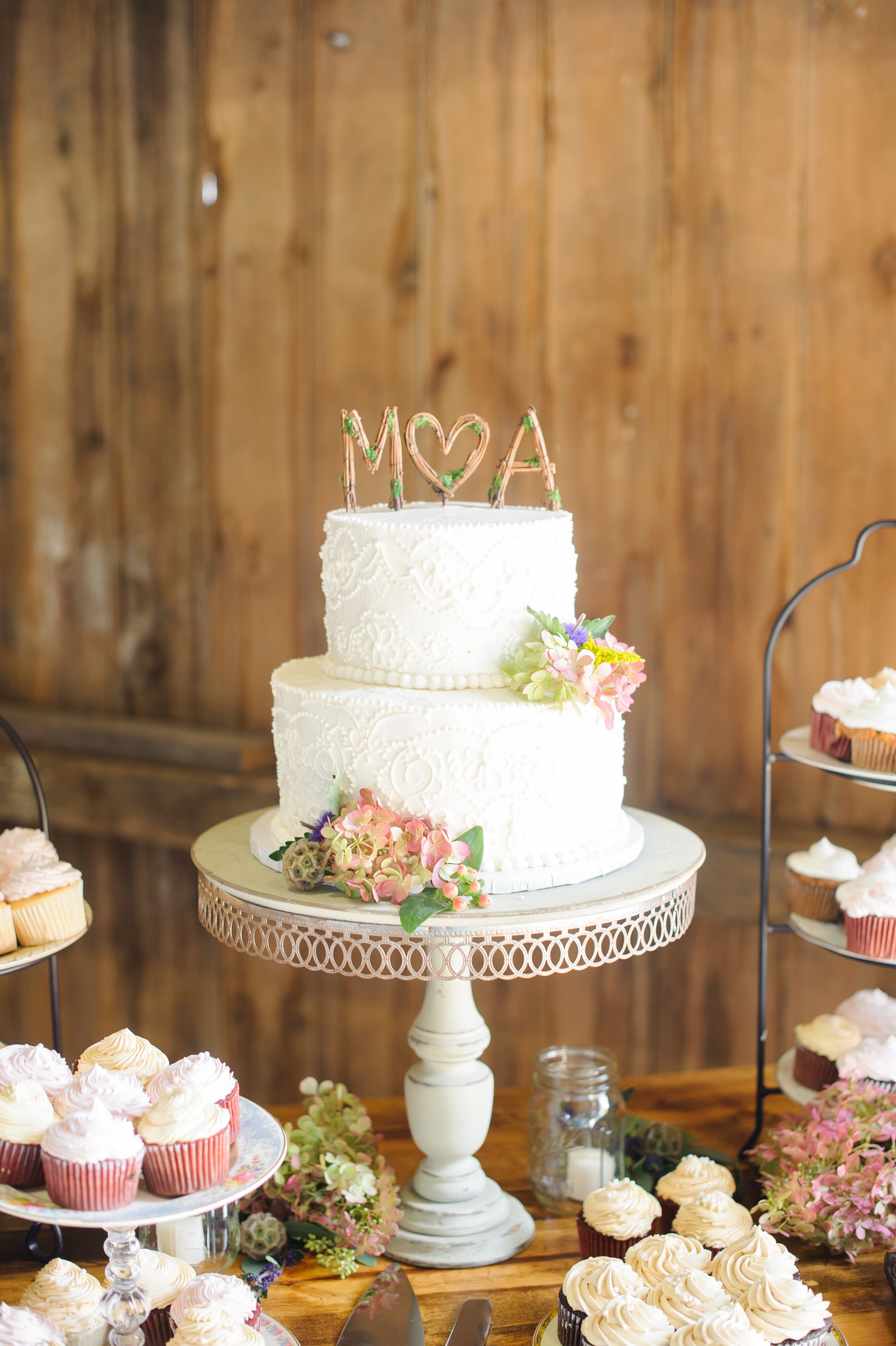 White Wedding Cake on Vintage Cake Stand