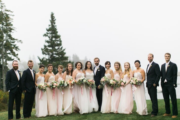 Pale Pink Bridesmaid Dresses with Navy Groomsmen Suits