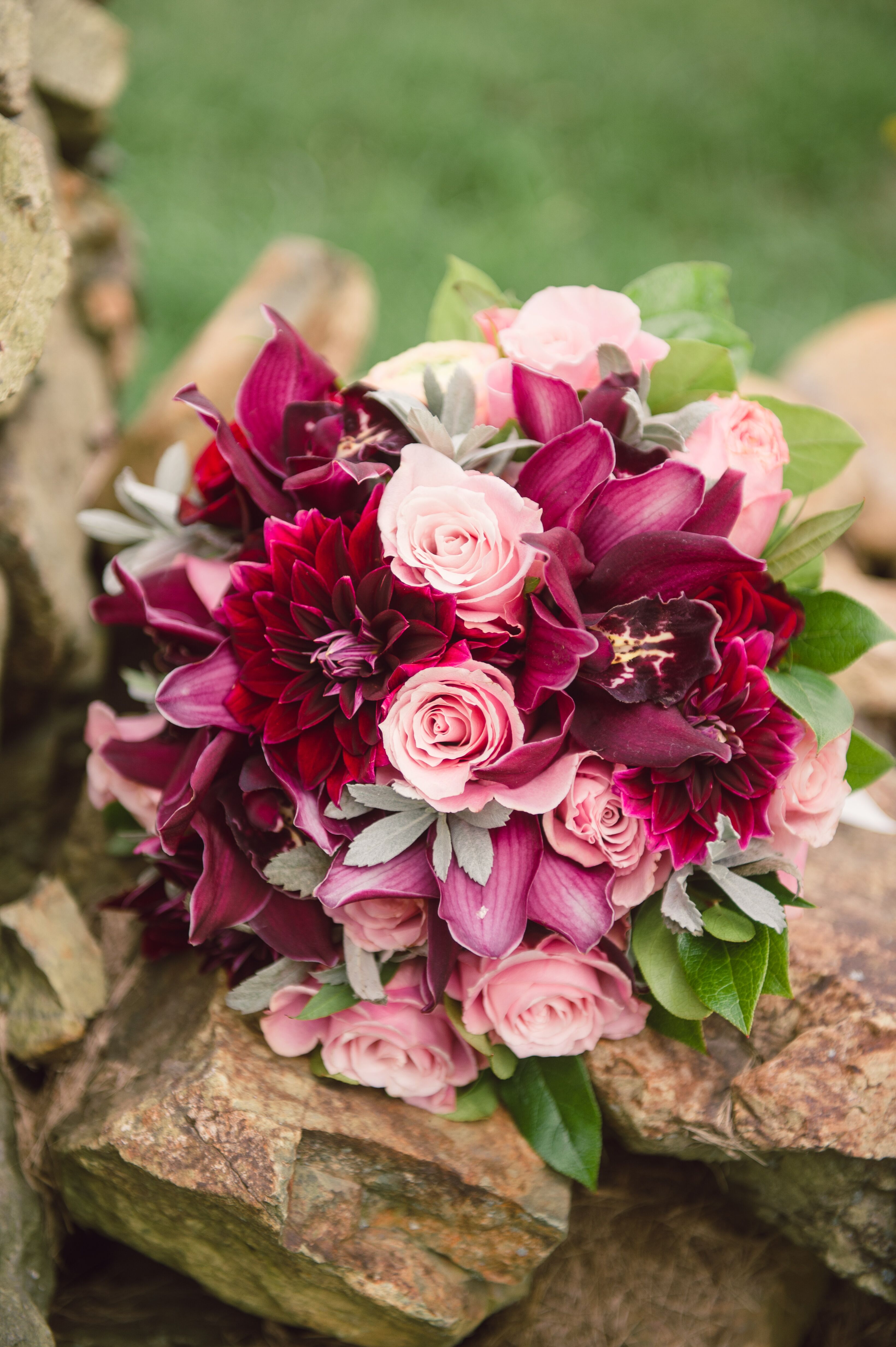 Burgundy and Pink Bridal Bouquet with Dahlias and Roses