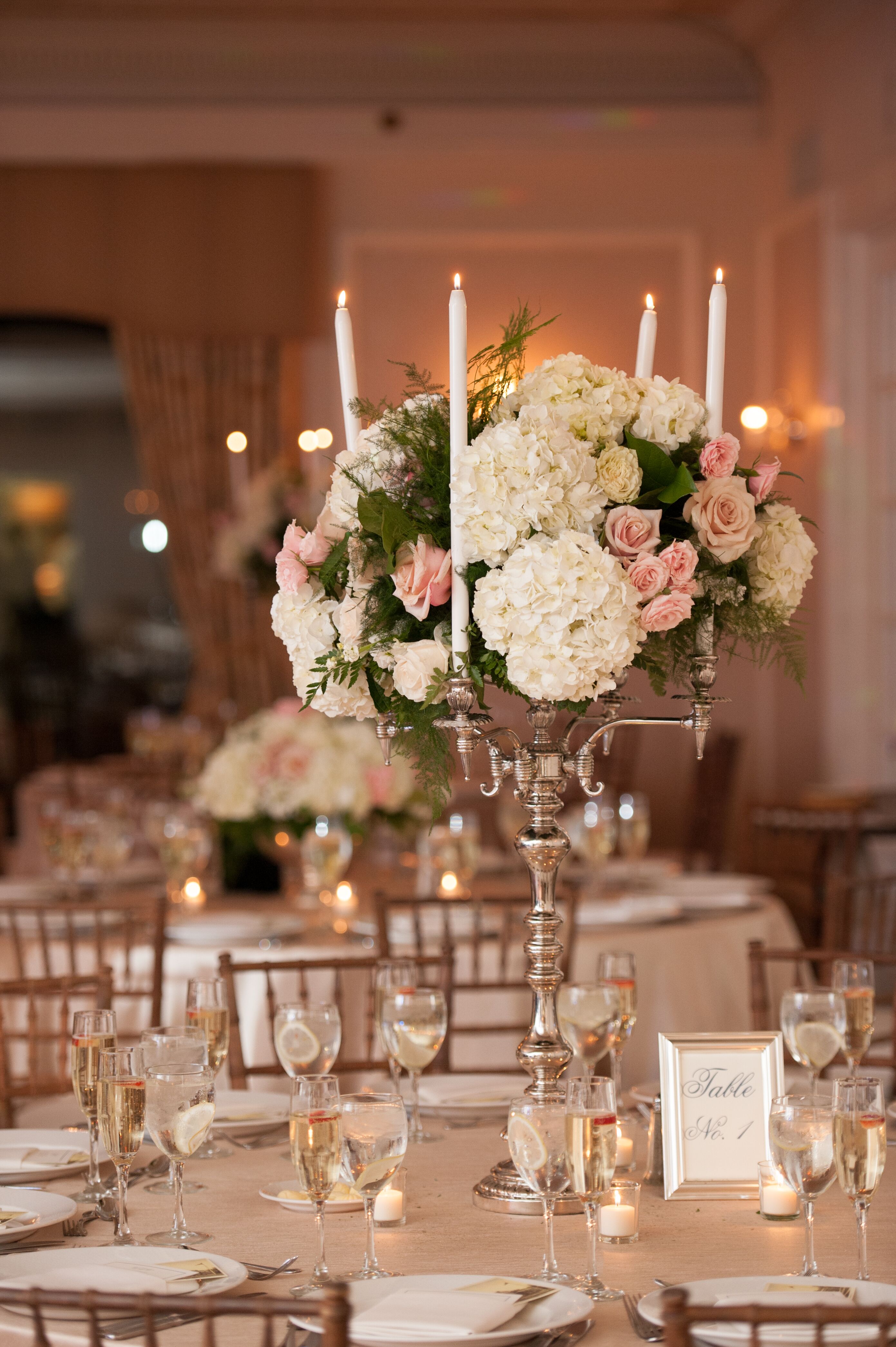 Romantic Gold Candelabra Centerpiece With Hydrangeas