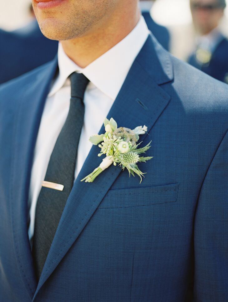 Navy Suit, Boutonniere With Greenery