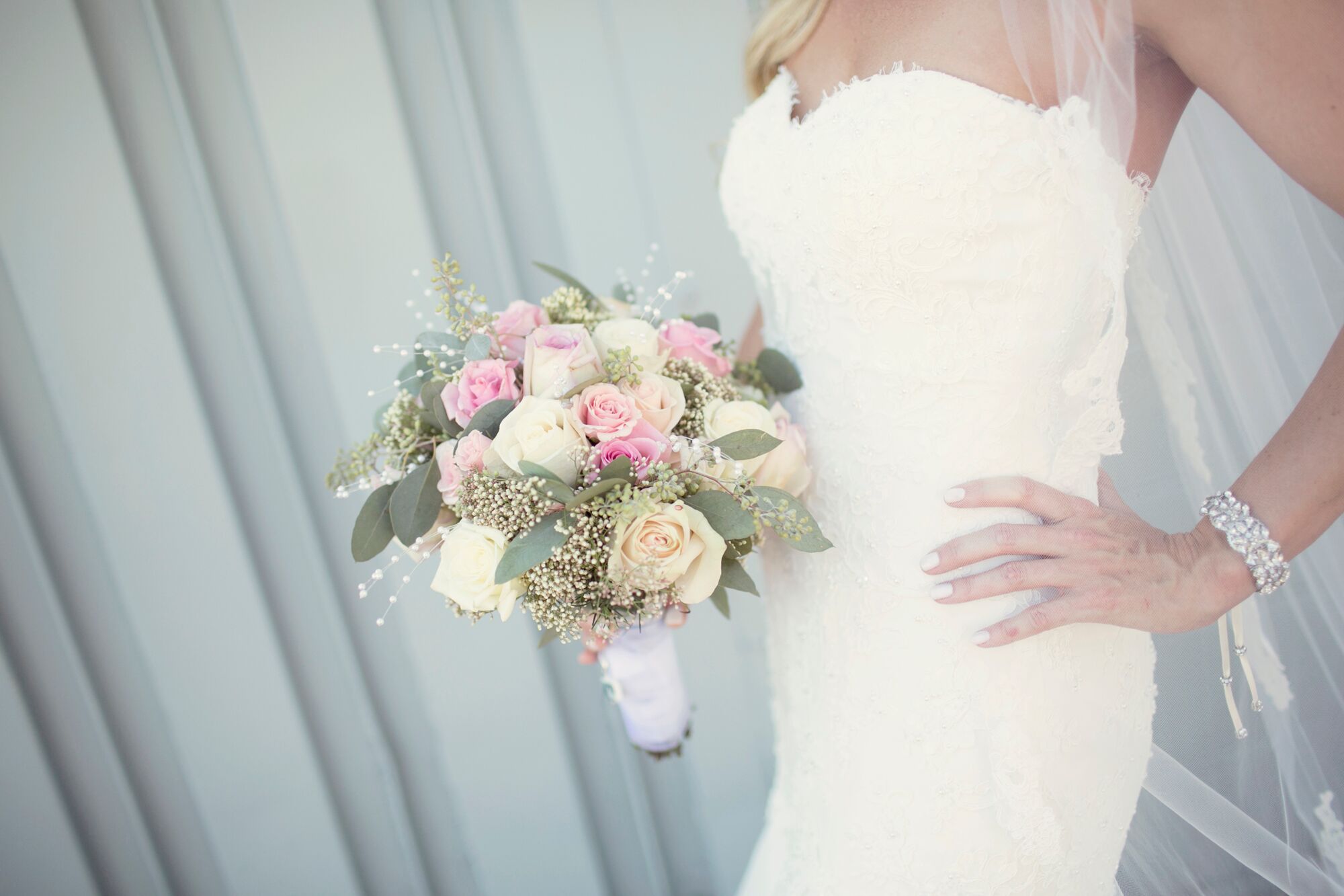 Blush Pink, Green, and Ivory Rose and Baby's Breath Bouquet