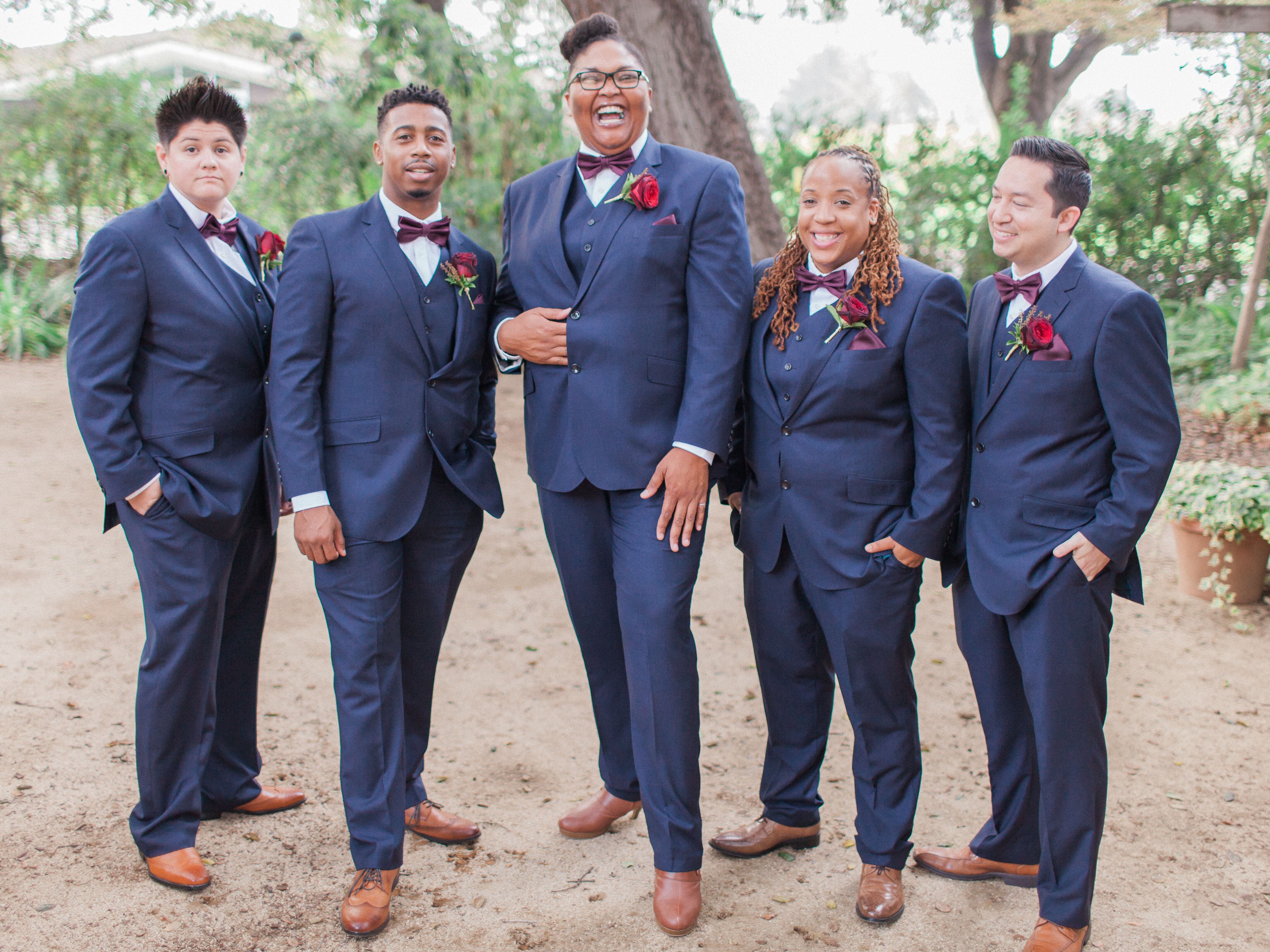 Navy Suits with Burgundy Bow Ties and Brown Oxfords