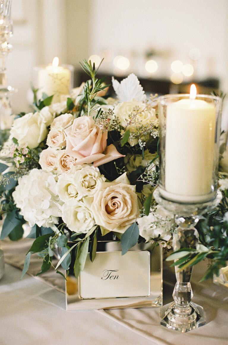 Blush rose and white hydrangea low reception centerpiece
