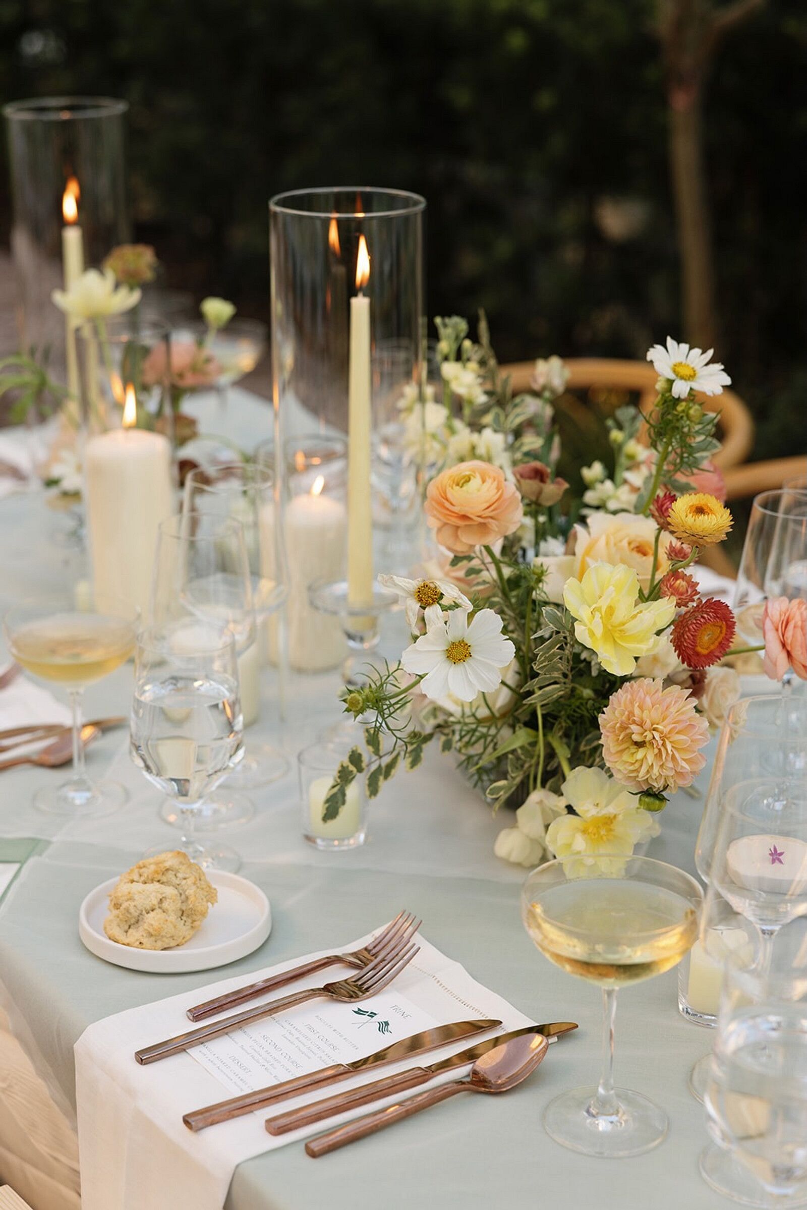 Ethereal Centerpieces of Dahlias, Ranunculus, Cosmos, Mums and Garden Roses