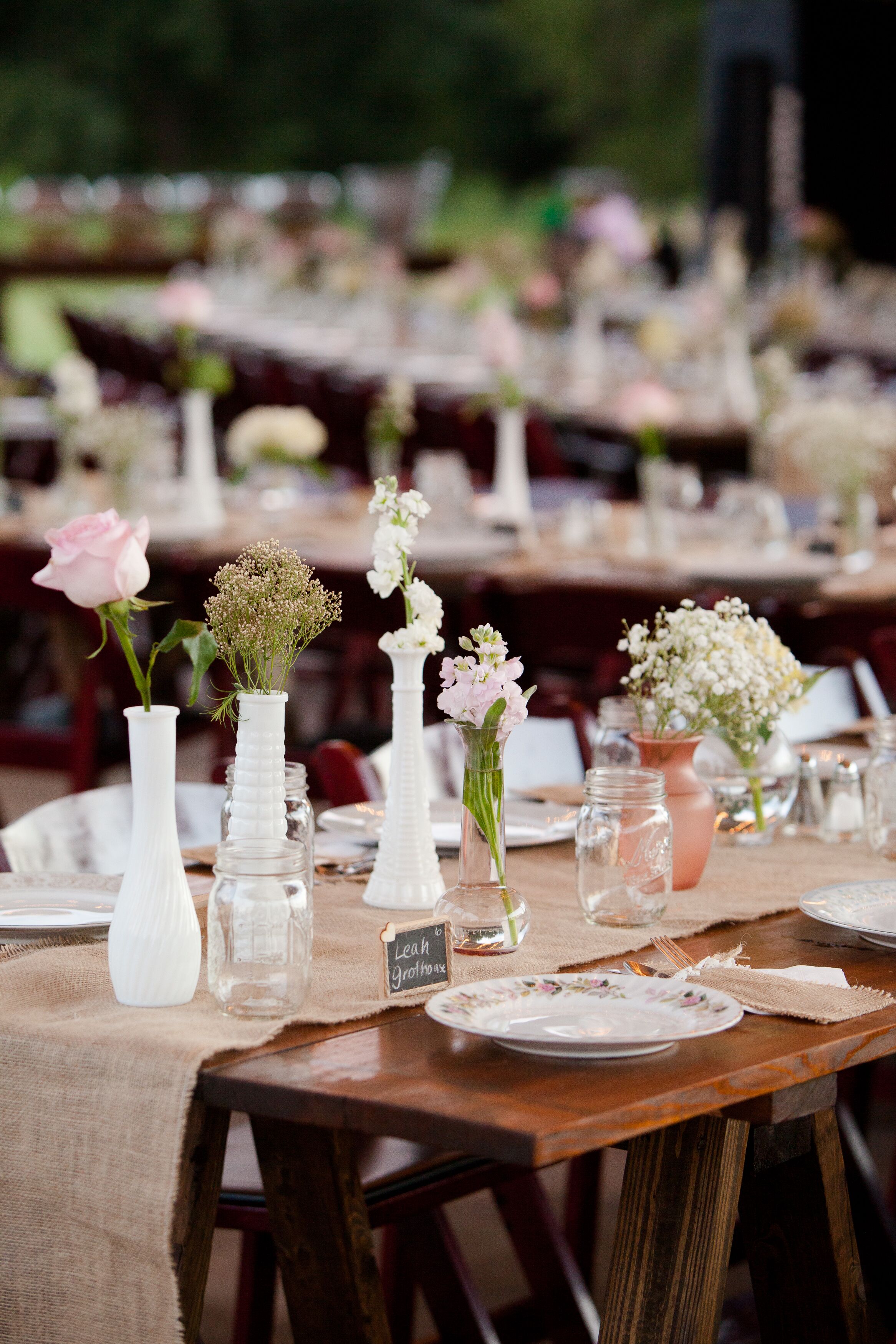 Simple Pink and White Bulb Vase Centerpieces