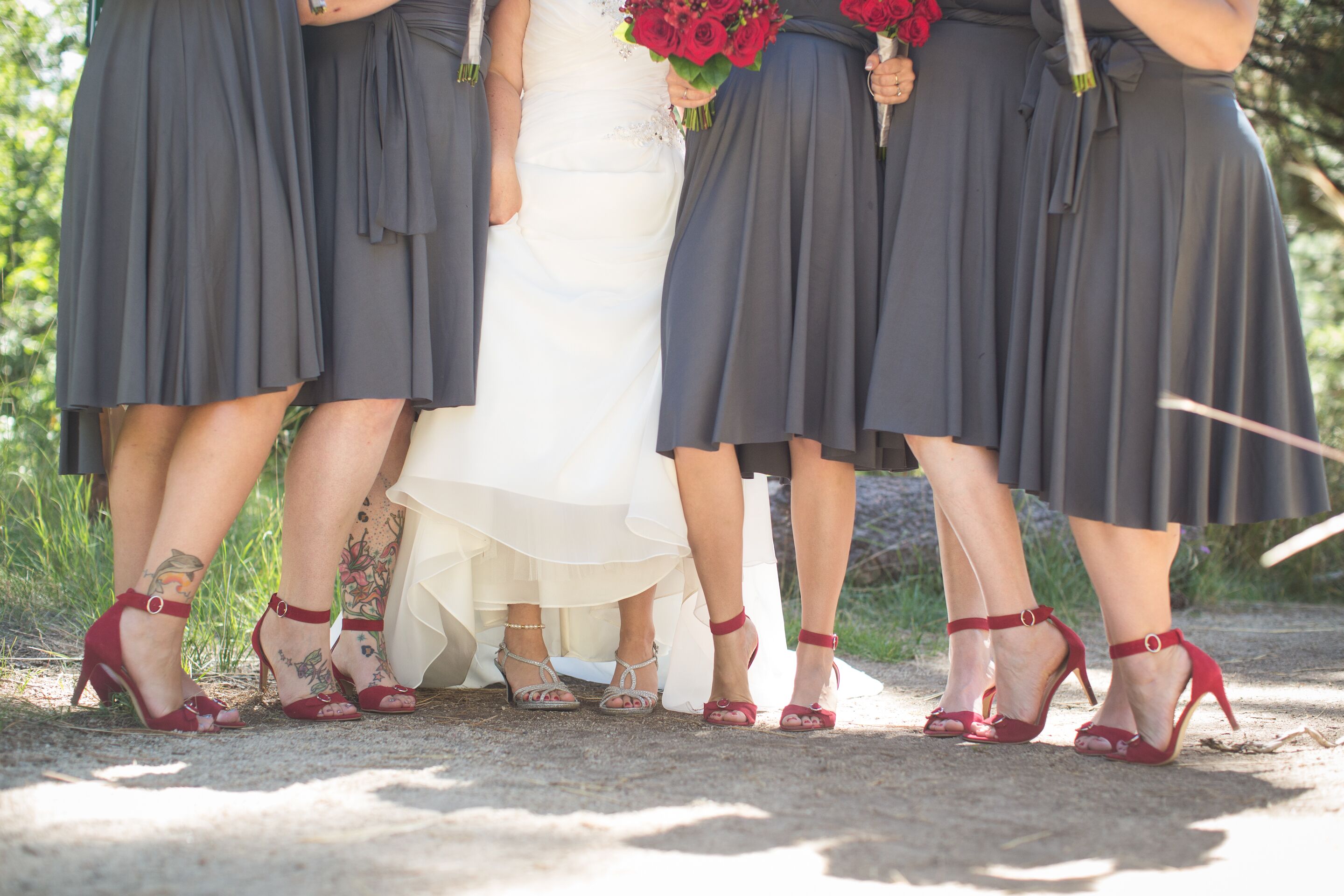 grey and red bridesmaid dresses