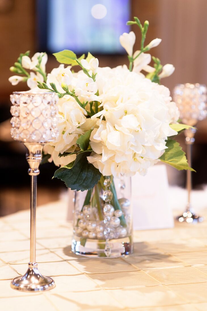 White Hydrangea Centerpiece With Candles