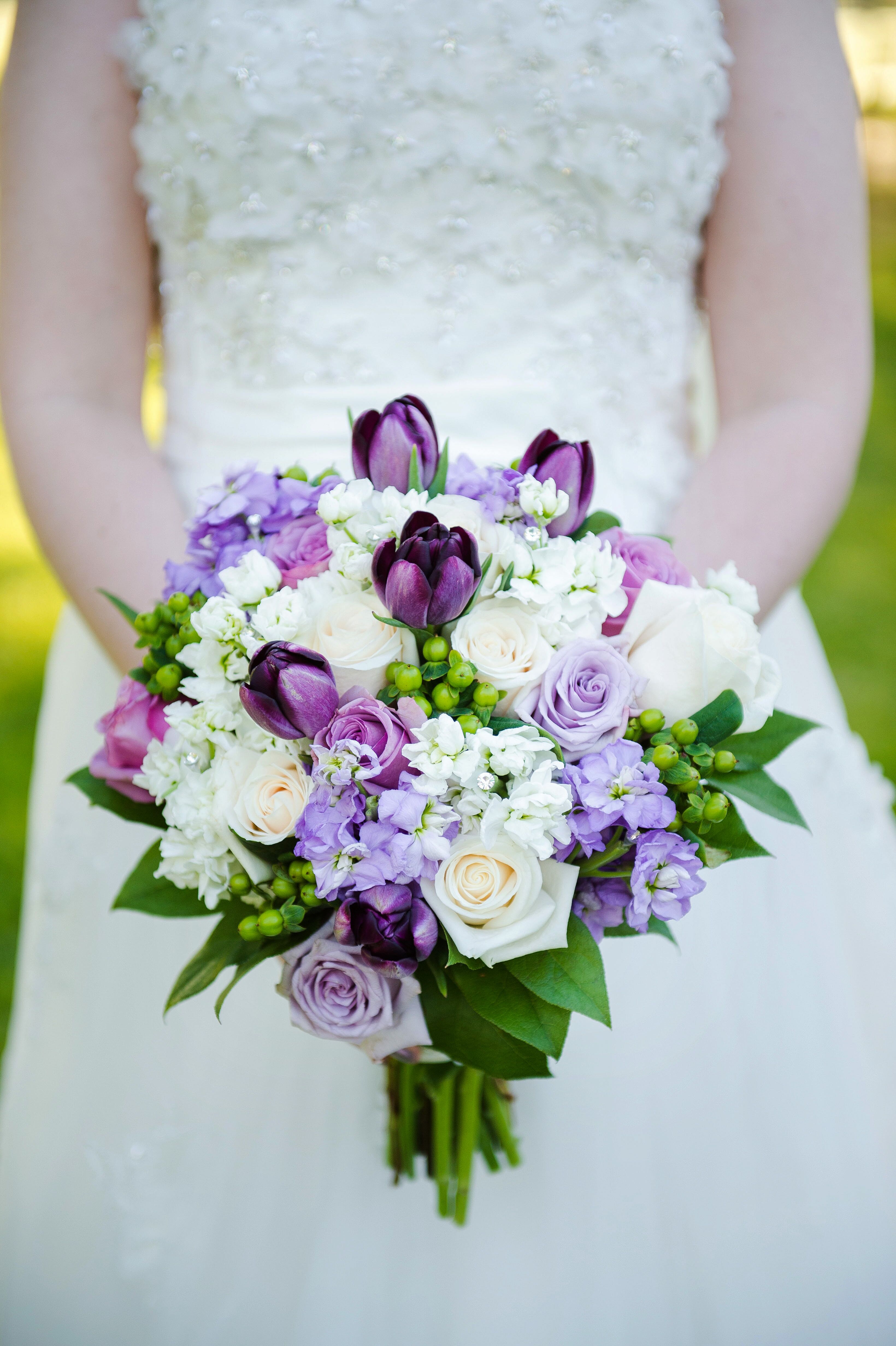 Purple Bouquet with Ivory and Green Accents