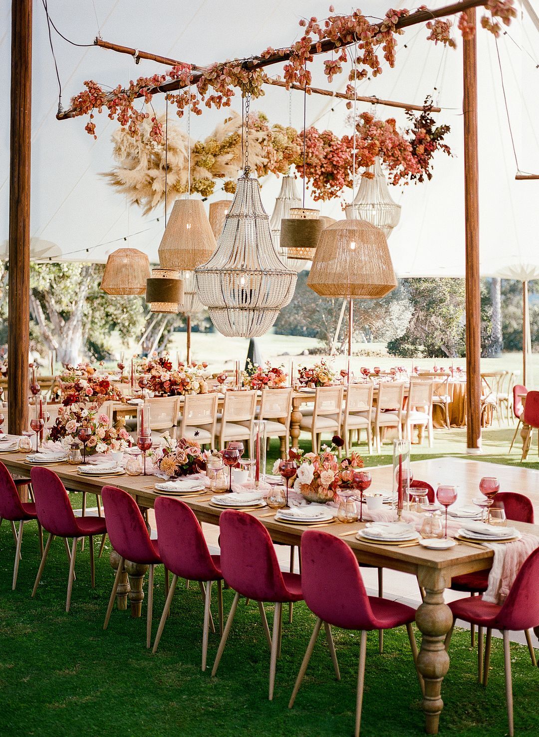 Burgundy Velvet Chairs and Assorted Chandeliers Uner ...