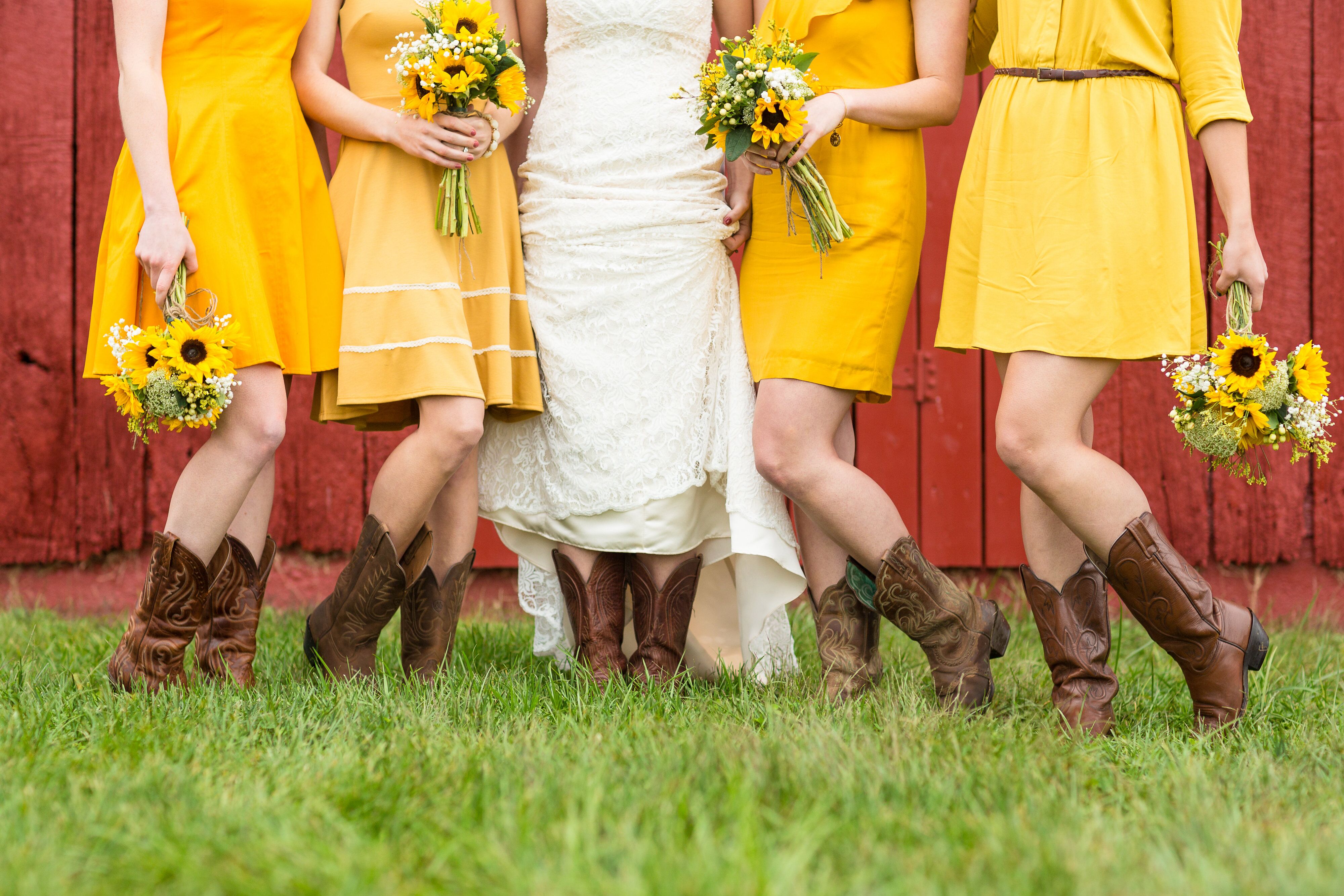 Halter Yellow Mini Short Length Satin Rustic Country Bridesmaid Dresses  with Cowboy Boots