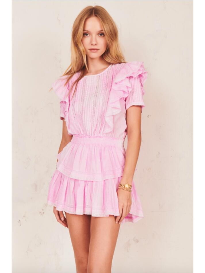 Różowa falbaniasta mini sukienka z wiązaną spódnicą