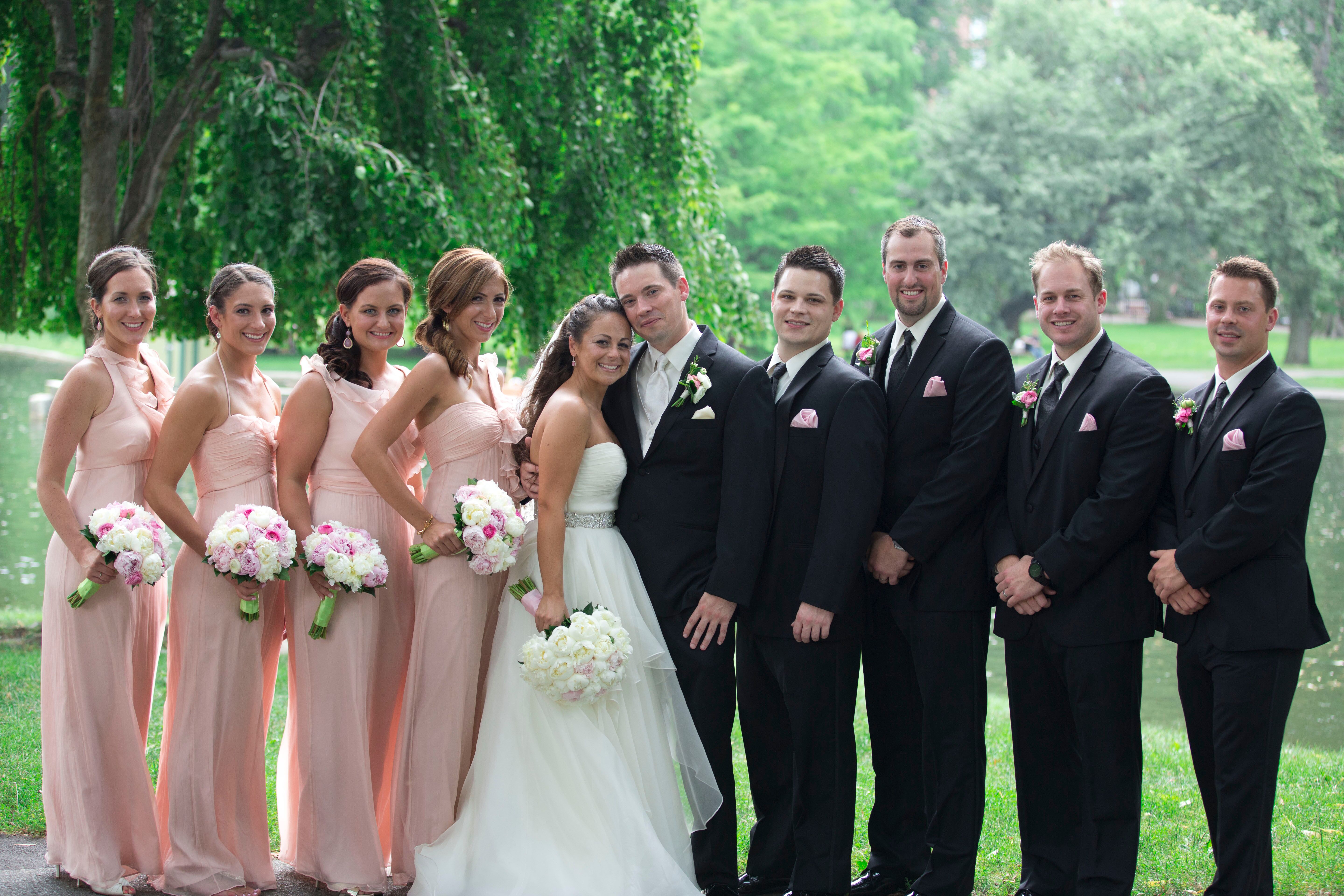 Pale Pink Bridesmaids Dresses And Black Groomsmen Tuxedos 7240